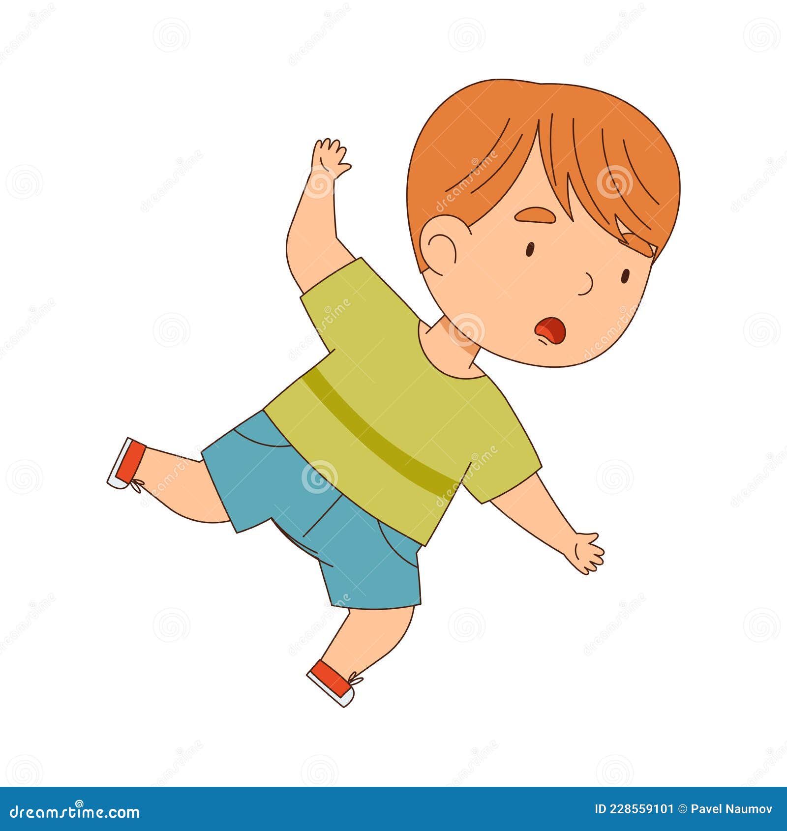 cute boy tumbling over and stumbling while running and rushing at full speed  