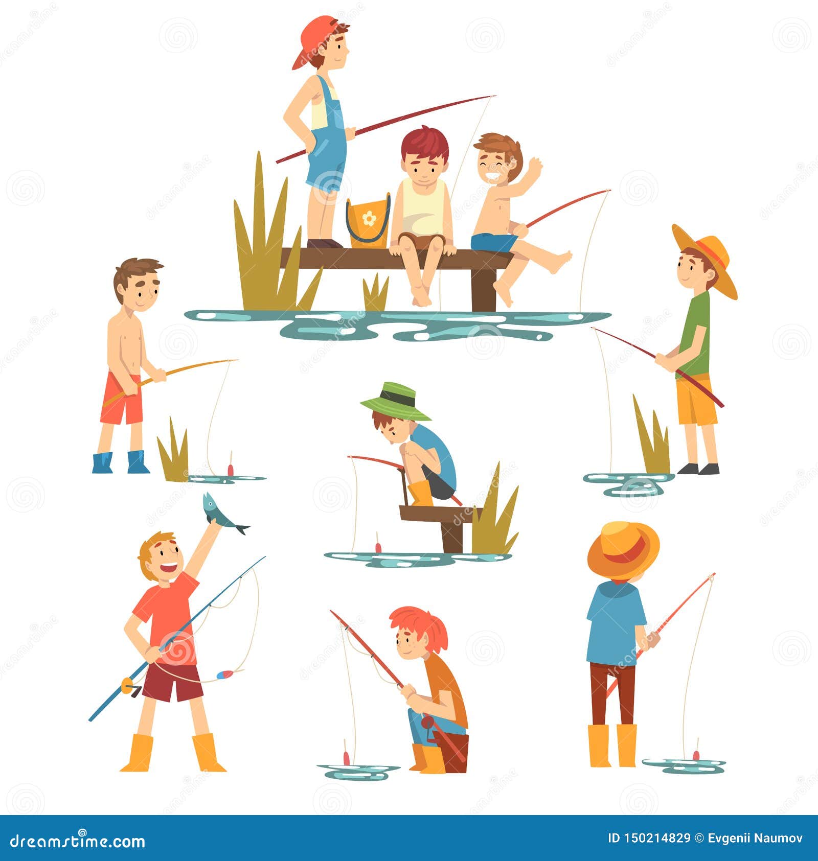 Download Cute Boys Fishing With Fishing Rods Set, Little Fishermen Cartoon Characters Vector Illustration ...