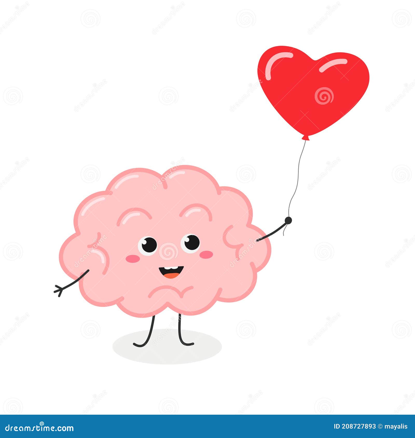 cute brain character with red heart balloon