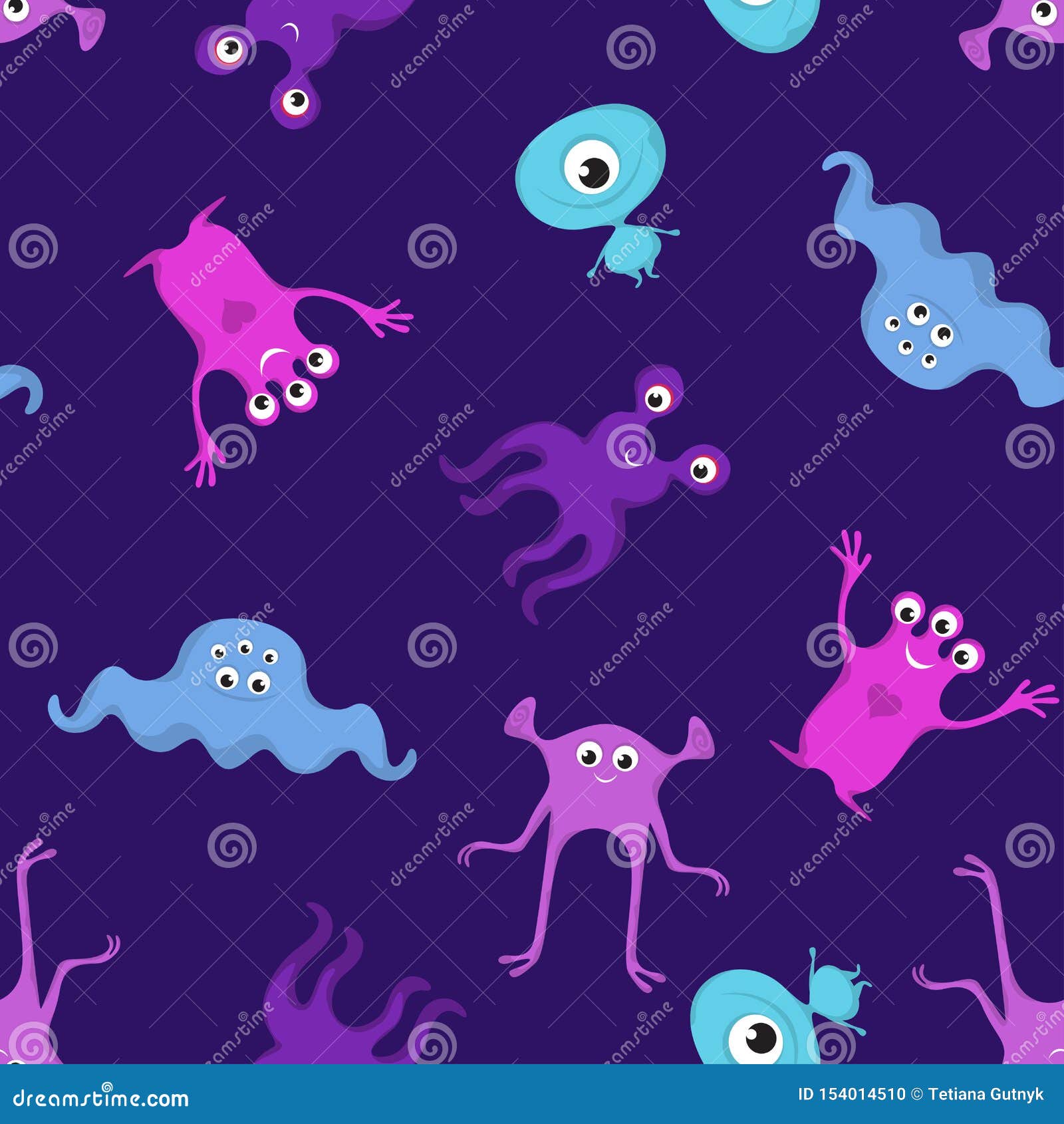 Cute Bright Colored Monsters on Dark Background. Seamless Pattern Stock ...