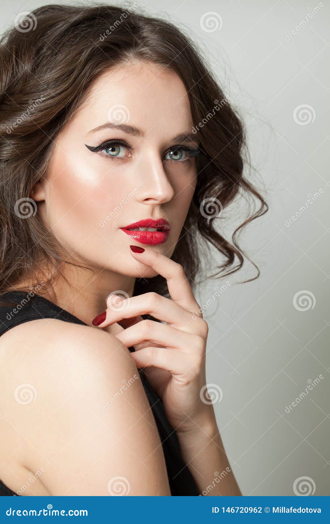 Cute Brunette Model Woman With Makeup And Brown Curly Hair
