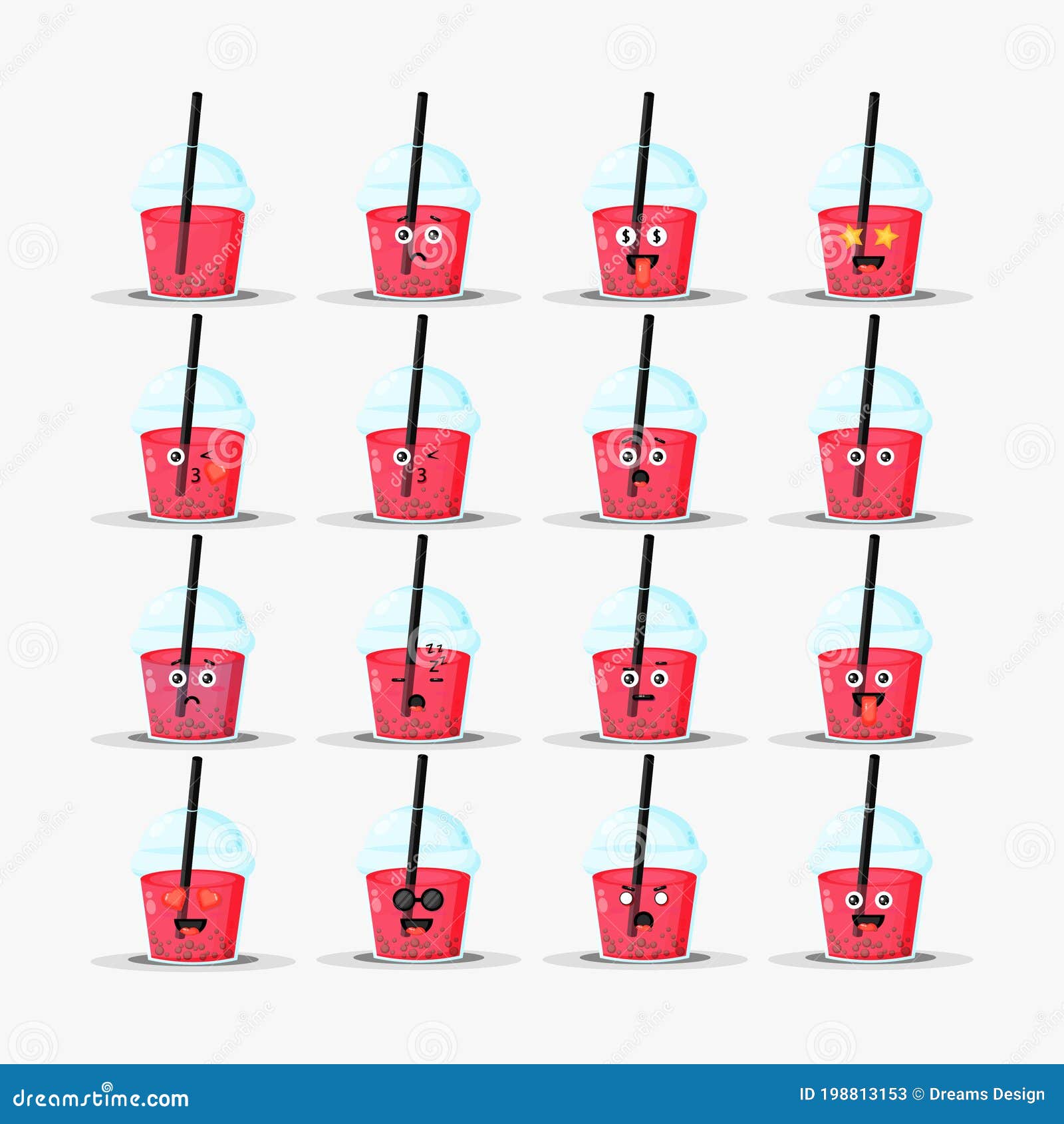 Cute Bubble Tea with Emoticons Set Stock Vector Illustration of asian