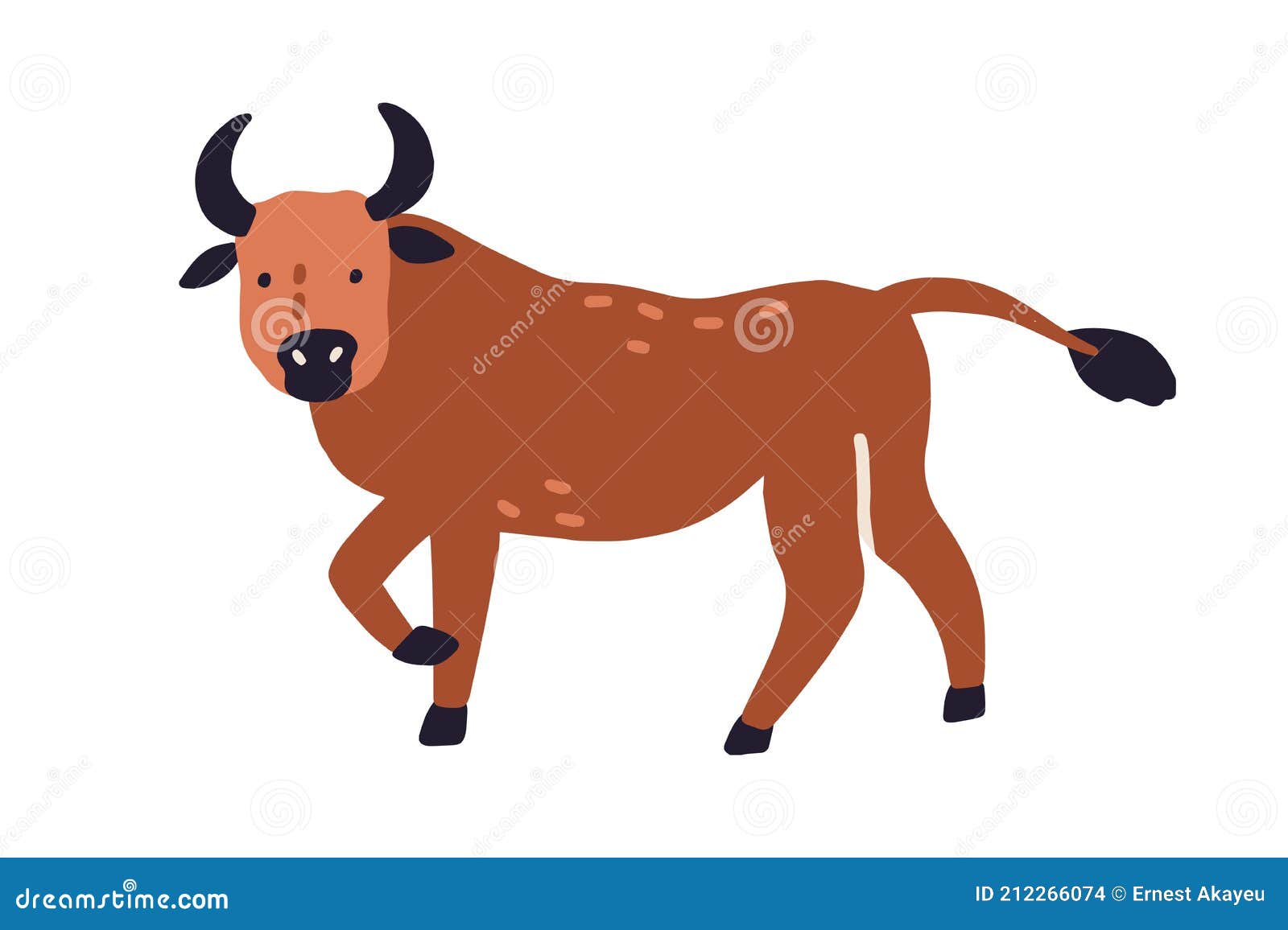 cute bull or ox  on white background. funny buffalo animal. colored flat   of wild horny
