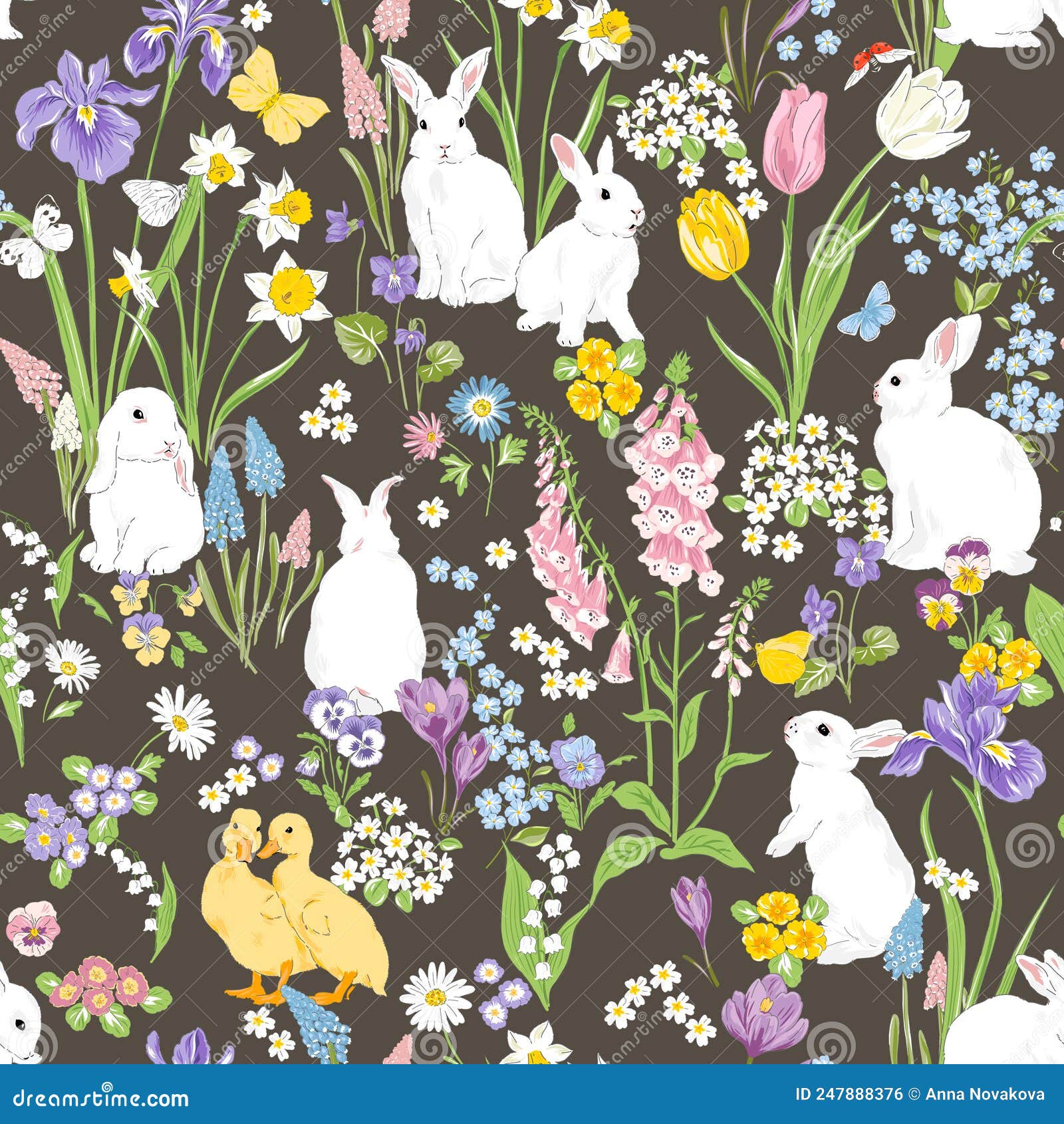 cute bunny and duckling in spring bloomy