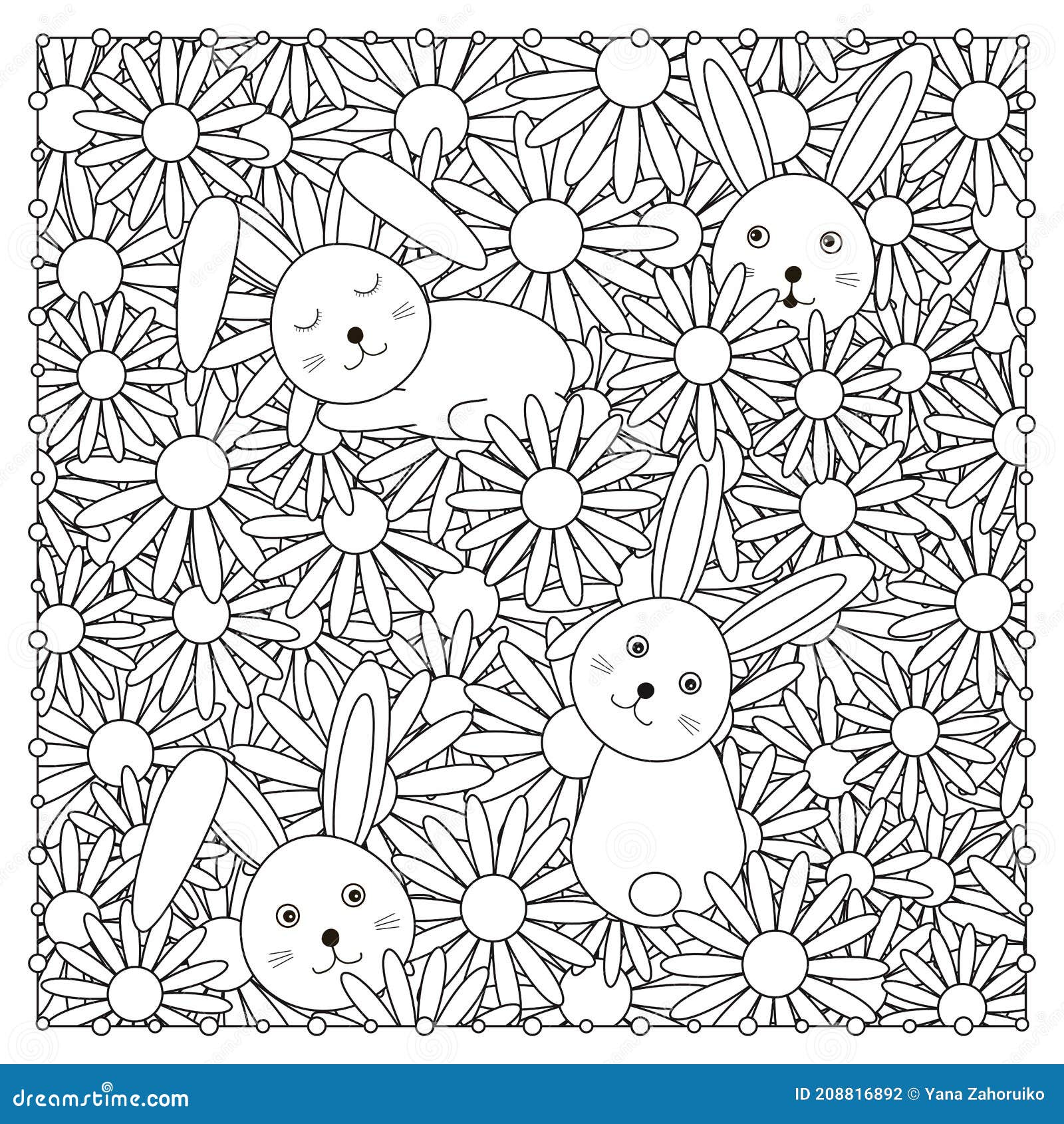 Cute Bunny and Flowers. Coloring Page Stock Vector - Illustration of decoration, card: 208816892