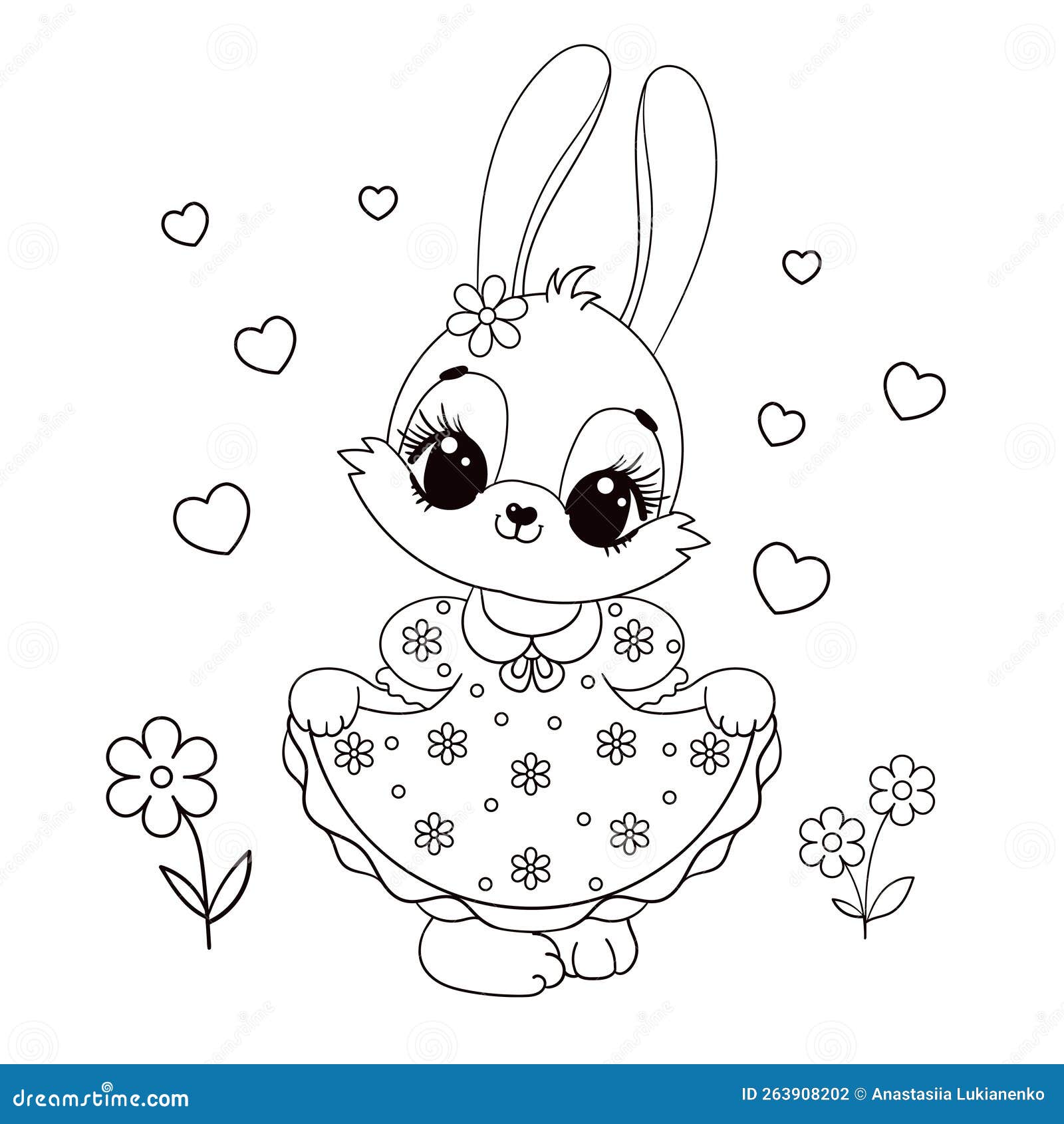 Cute Bunny Girl in a Dress. Black and White Linear Drawing. Vector ...