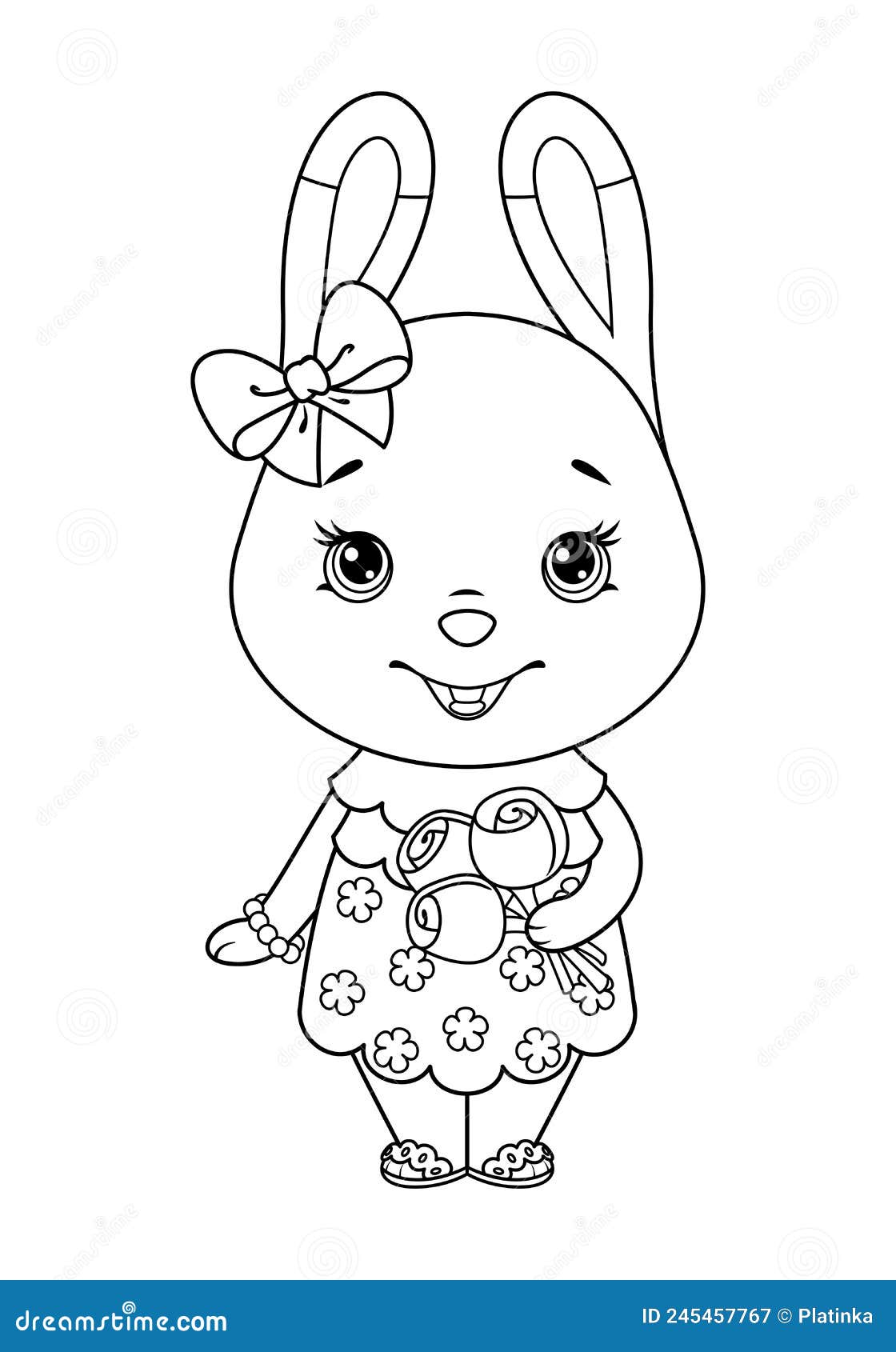 Cute Bunny Girl in Dress and with Flowers Coloring Page. Black and ...