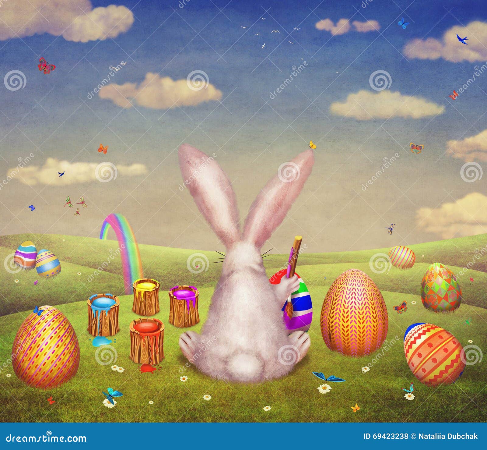 A Cute Bunny Painting of Egg for Easter on a Hill Surrounded by Easter Eggs Stock Illustration - Illustration of funny, mood: 69423238