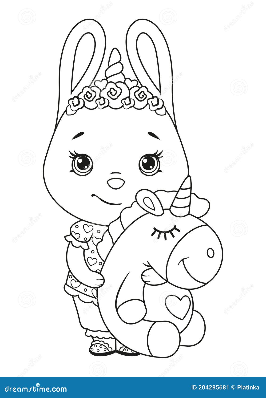 Bunny in Pajamas with Toy Unicorn Coloring Page. Black and White ...