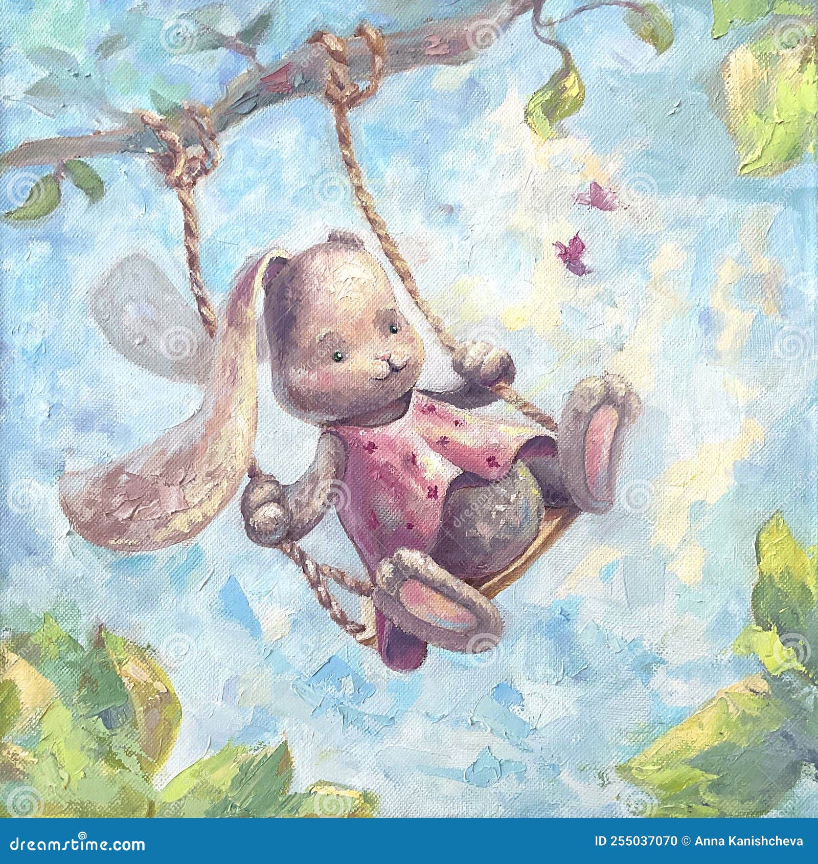 A Cute Bunny Rides on a Swing, on a Tree. Art Poster for the Nursery on a  Blue Background Stock Photo - Image of wall, cute: 255037070