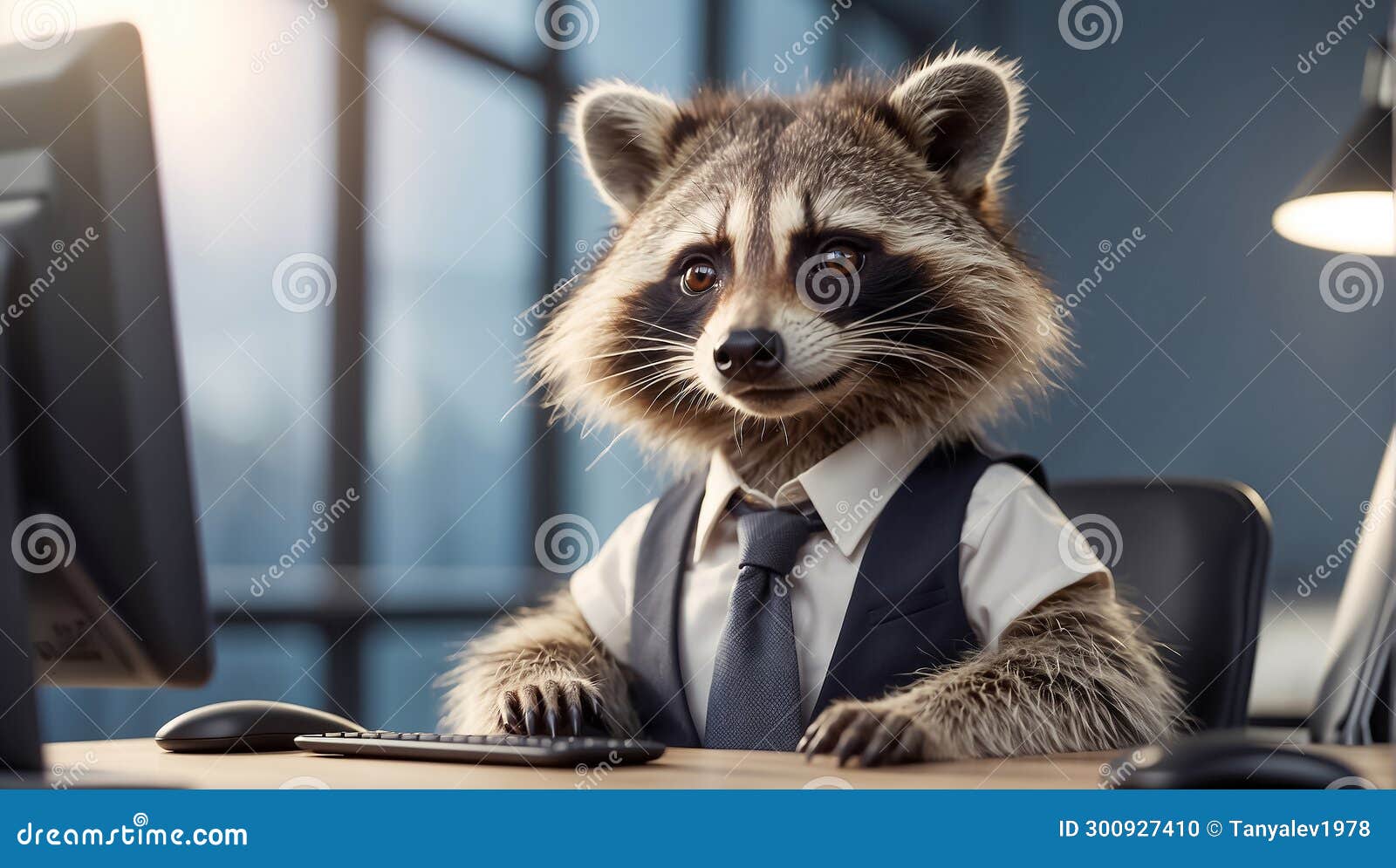 cute business cartoon raccoon working in the workplace creative 