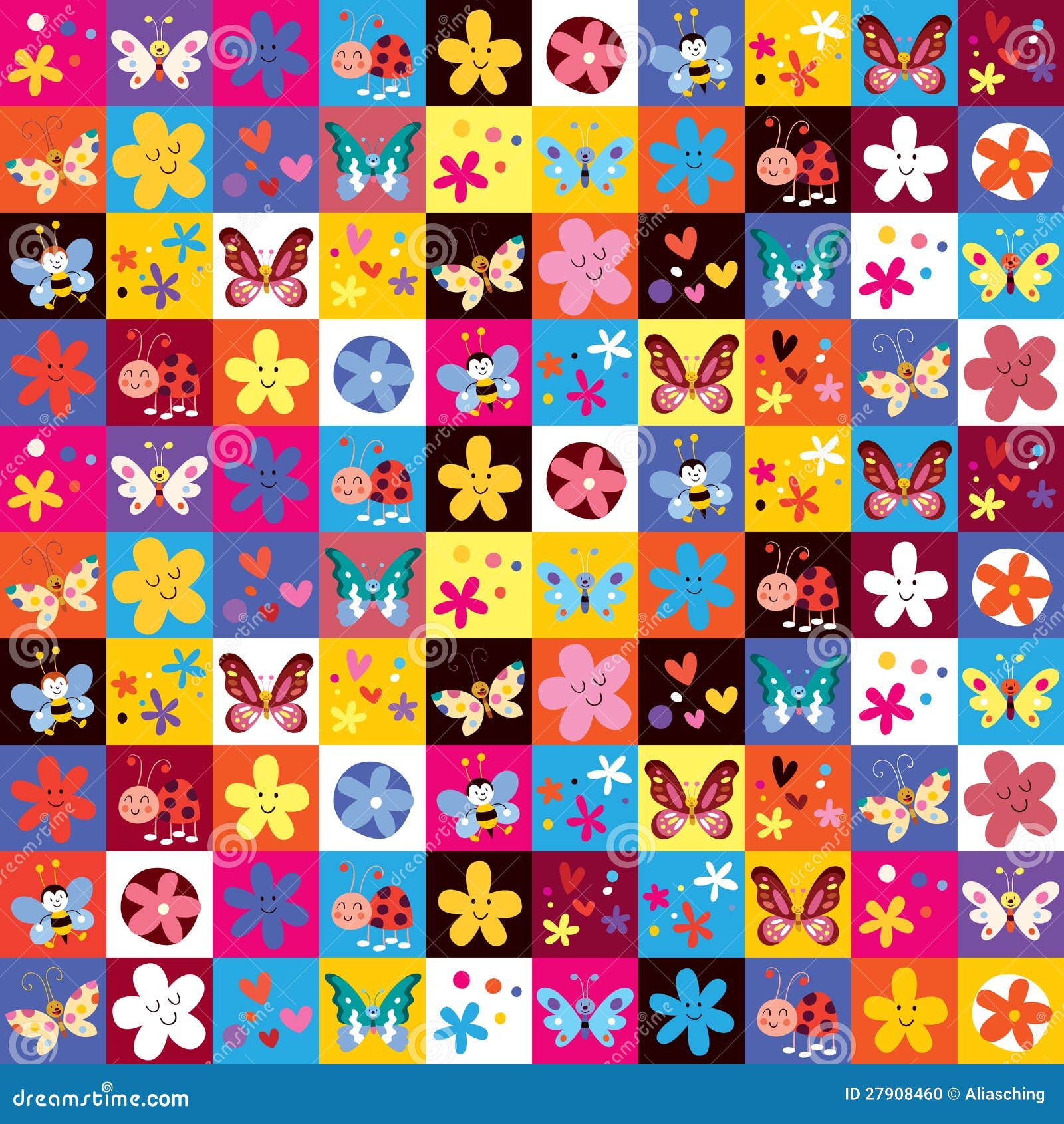 Cute Butterflies Beetles Flowers Pattern Stock Vector - Illustration of ...