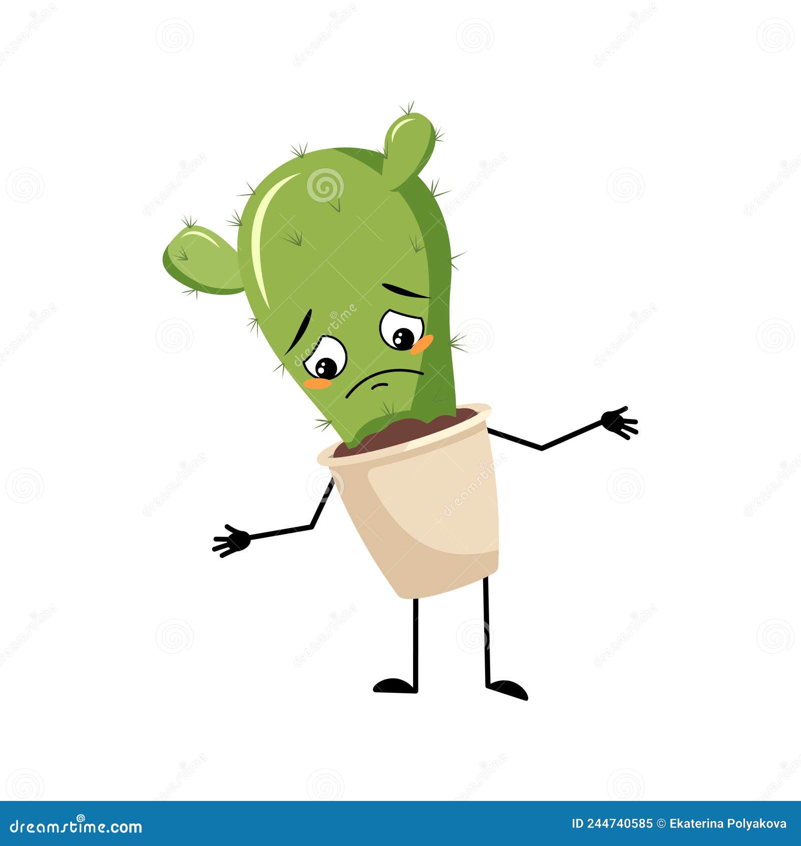 Cute Cactus Character with Sad Emotions Stock Vector Illustration of