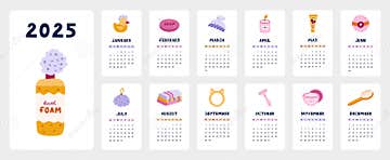 Cute Calendar Template for 2025 Year with Cartoon Hygiene, Shower ...