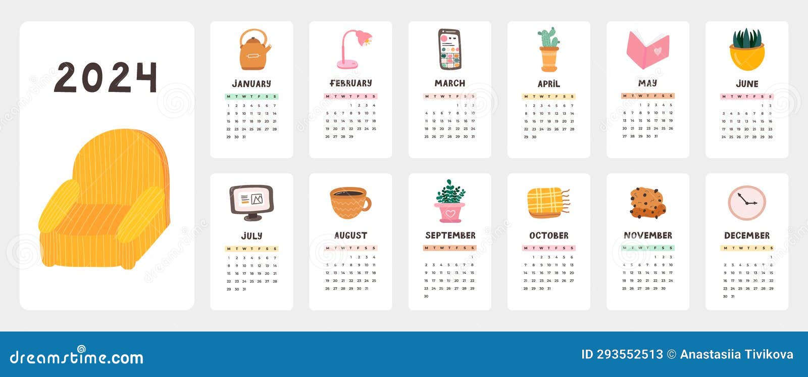 Cute Calendar Template for 2024 Year with Cozy Scandinavian ...
