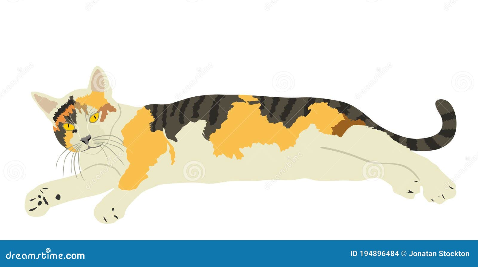 Cute Calico Cat Lay On Ground Vector Illustration Isolated On White