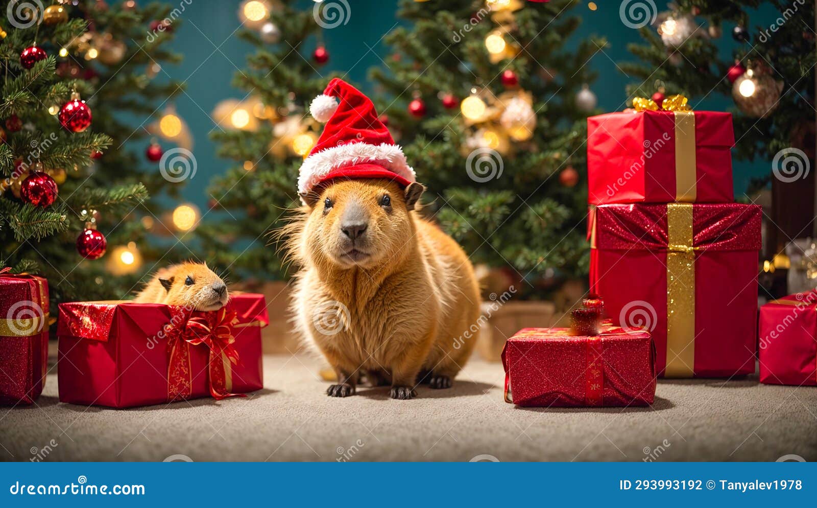 Cute Capybara Wearing Santa Hat Adorable, Greeting Winter Design Stock ...