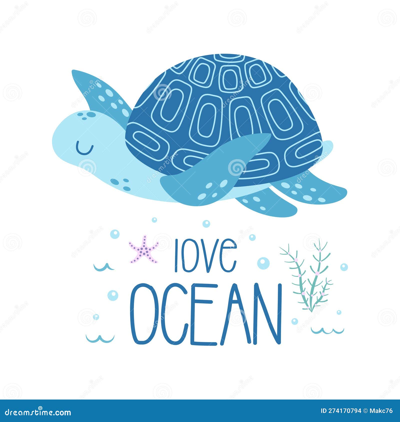 Cute Card with Cartoon Turtle and Seaweed Stock Vector - Illustration ...