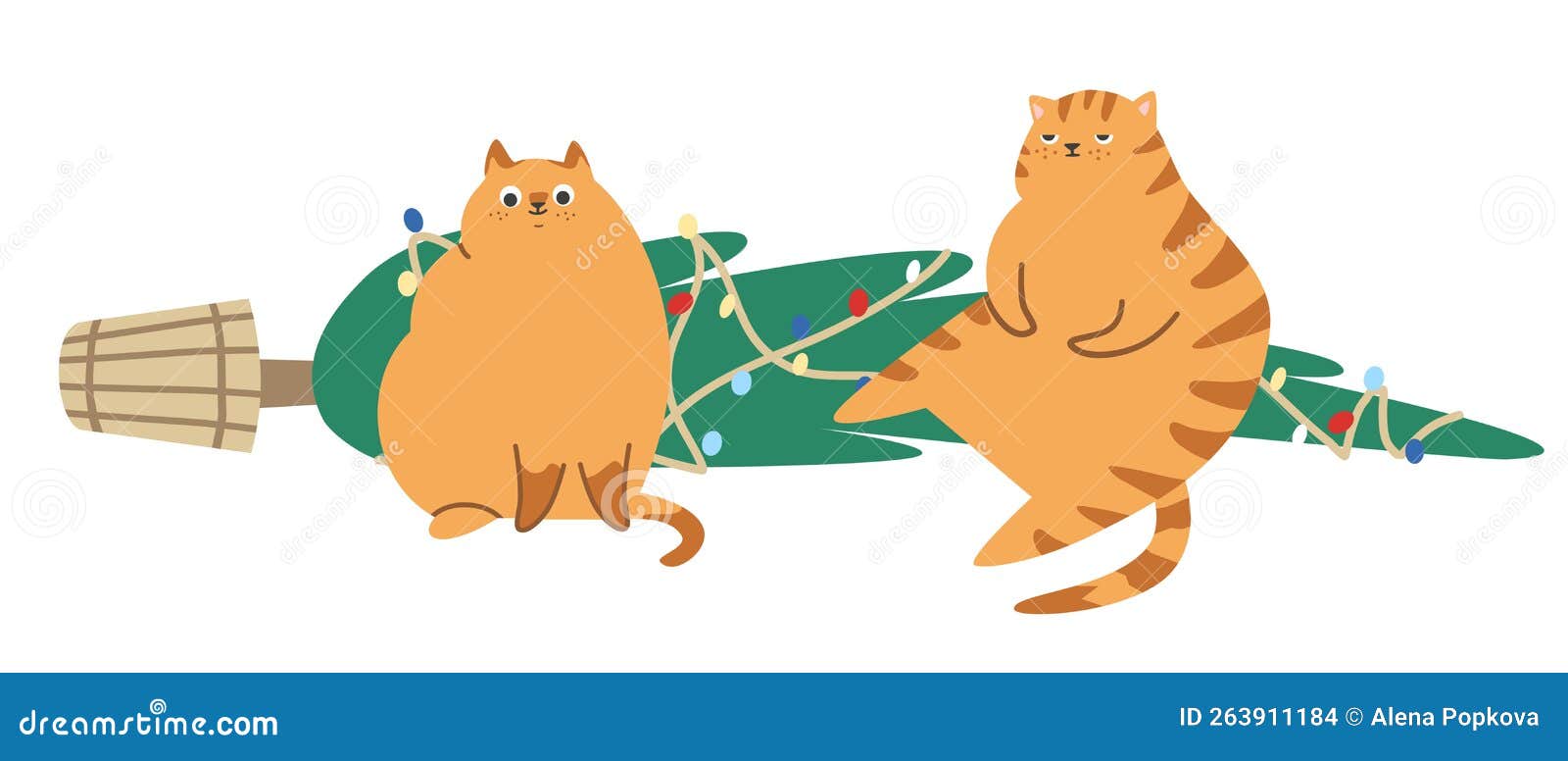 Cute Card for the New Year. Red Cats Knocked Down a Christmas Tree