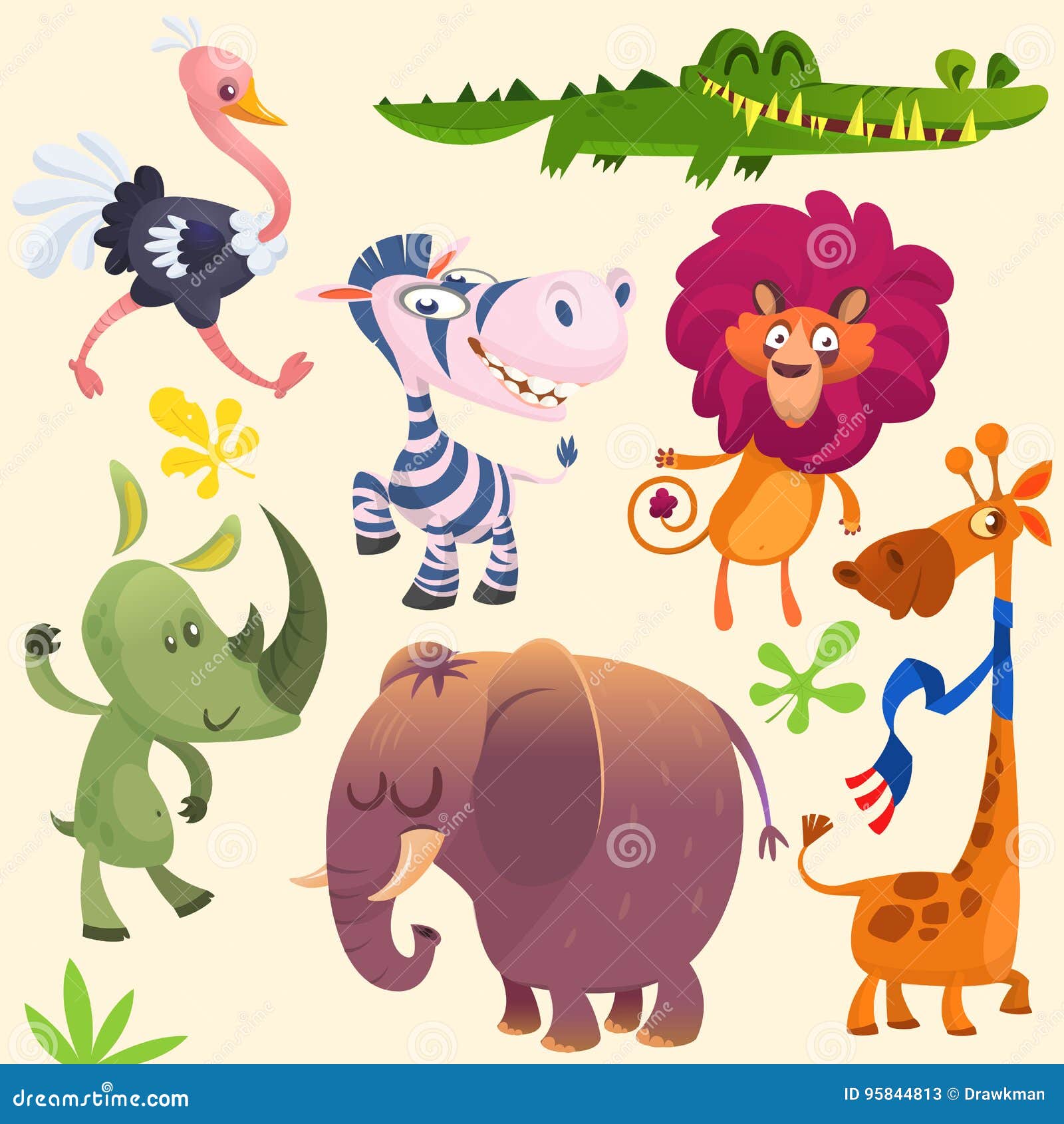 Cute Cartoon African Animals Set. Vector Illustrations of Crocodile  Alligator, Giraffe, Rhino, Zebra, Ostrich, Lion and Elephant Stock Vector -  Illustration of horse, funny: 95844813