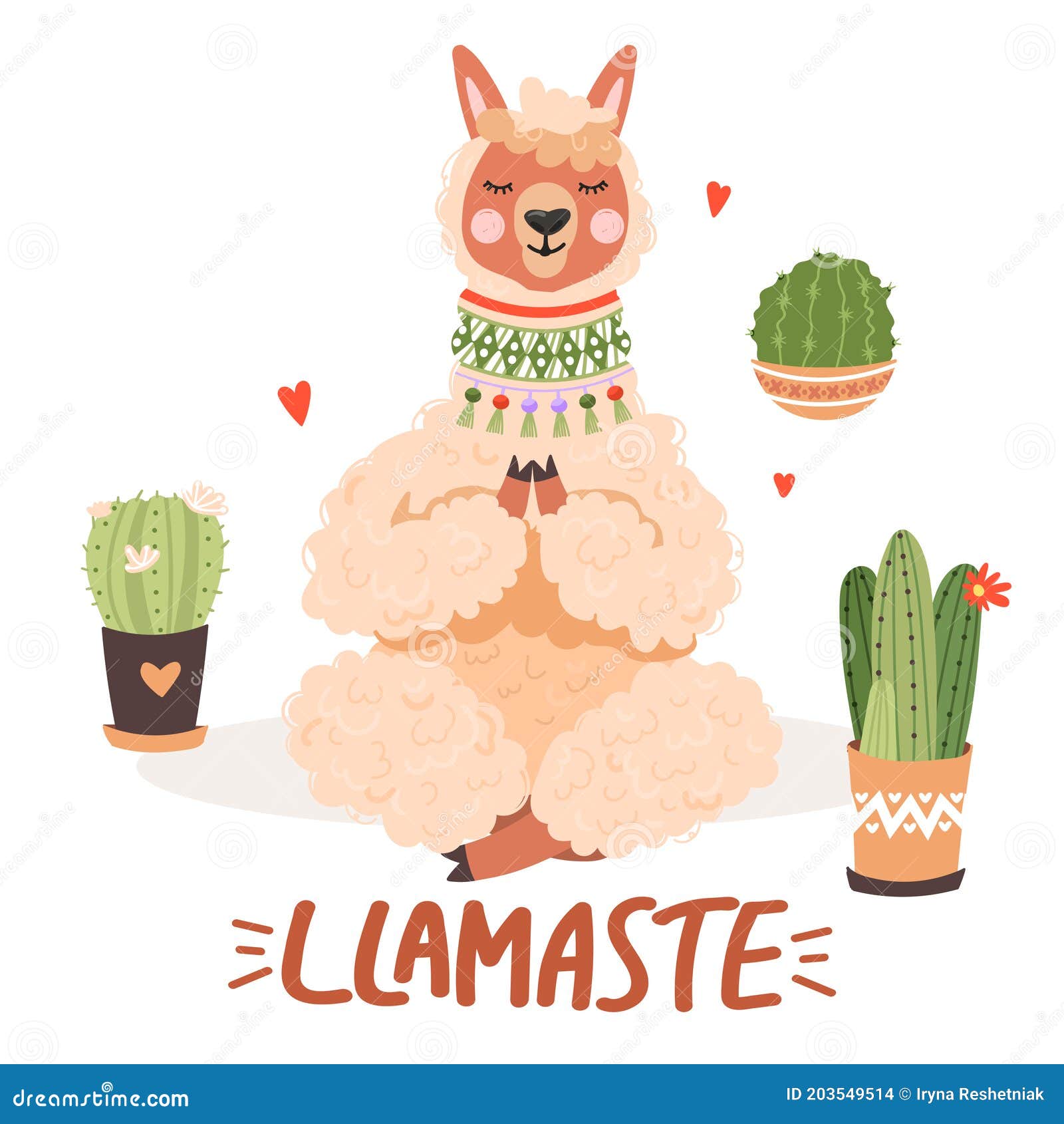 cute cartoon alpaca yoga pose llamaste inspirational lettering phrase cactus vector illustration cards t shirts 203549514