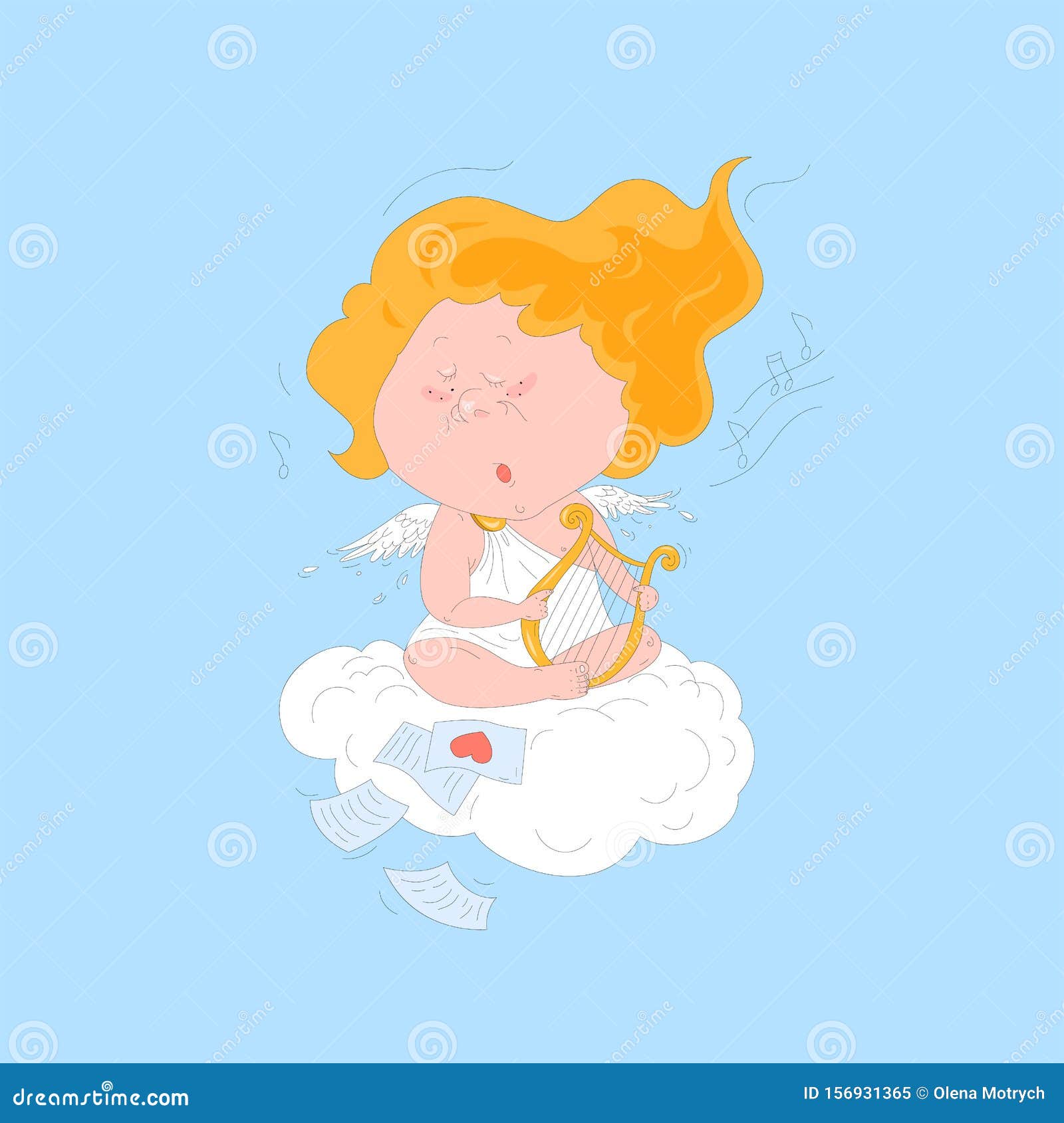 Cute Cartoon Angel Cupidon Sings a Love Song and Plais on Arpha, Sits on  White Cloud in the Sky. Stock Vector - Illustration of funny, angel:  156931365