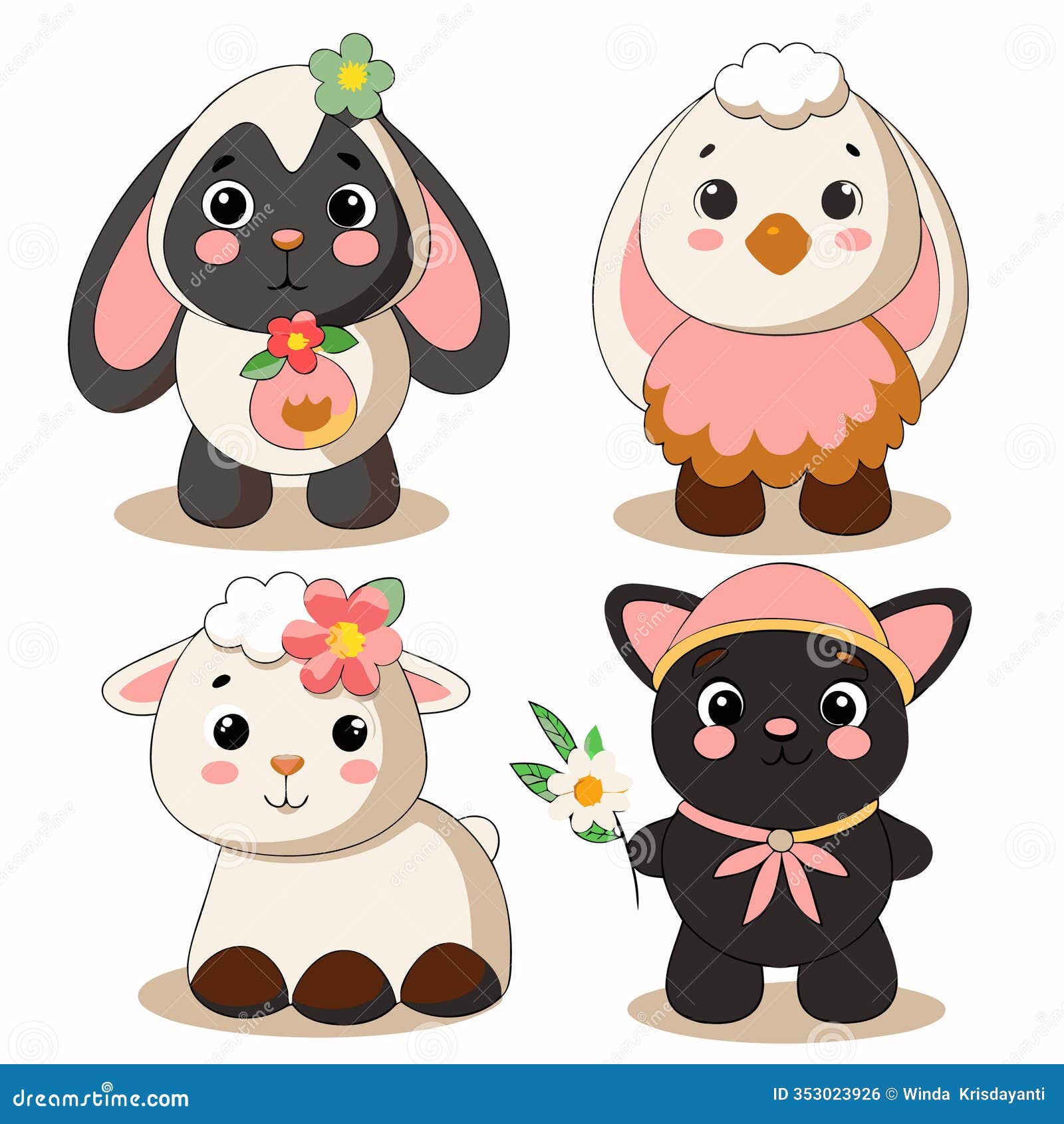 cute cartoon animal characters sheep, lamb, bunny, chick