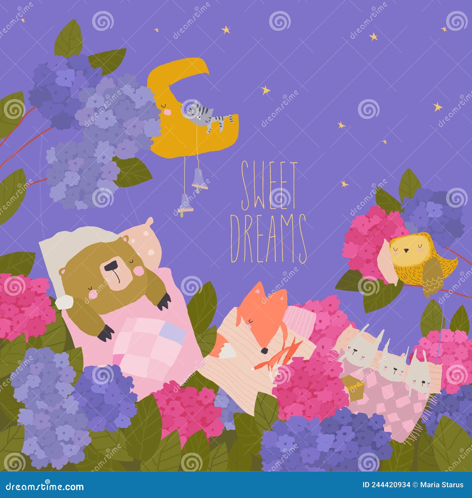 Cute Cartoon Animals Sleeping in Beds in Hydrangea Stock Vector