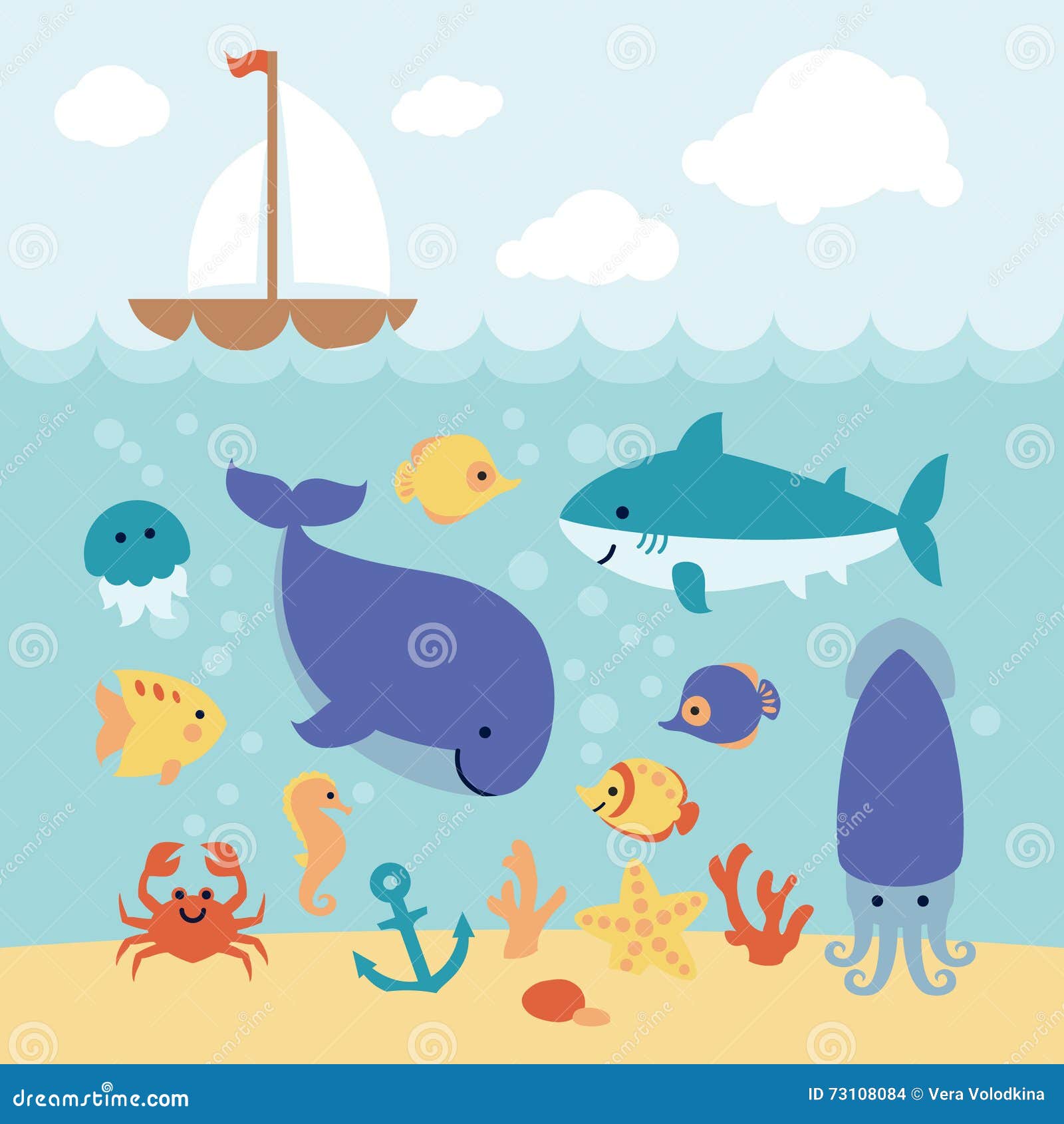 Cute Cartoon Animals Swimming Under the Sea and Boat. Stock Vector -  Illustration of cartoon, flat: 73108084