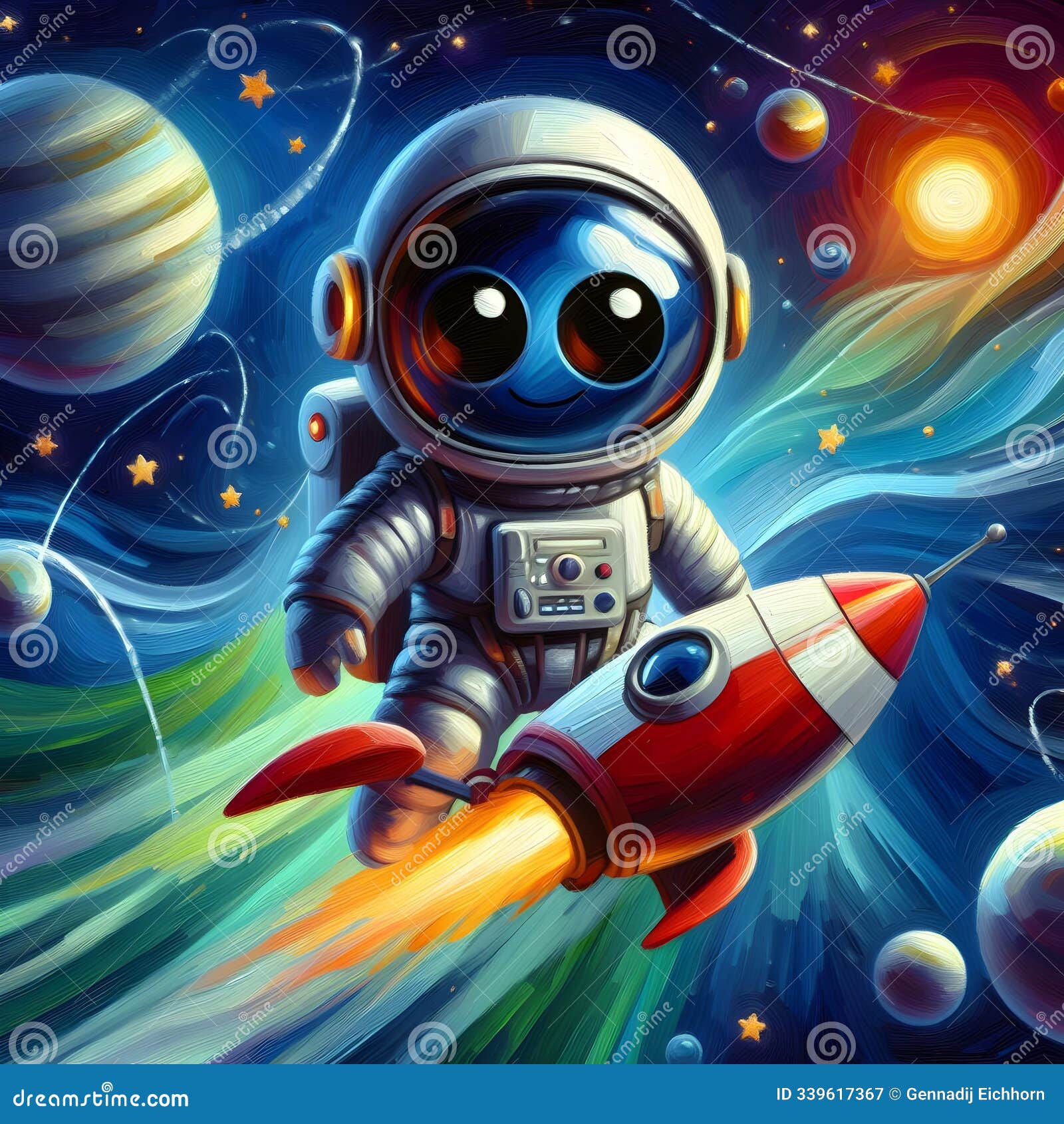 a cute cartoon astronaut on a rocket, floating through a vibrant, colorful outer space.