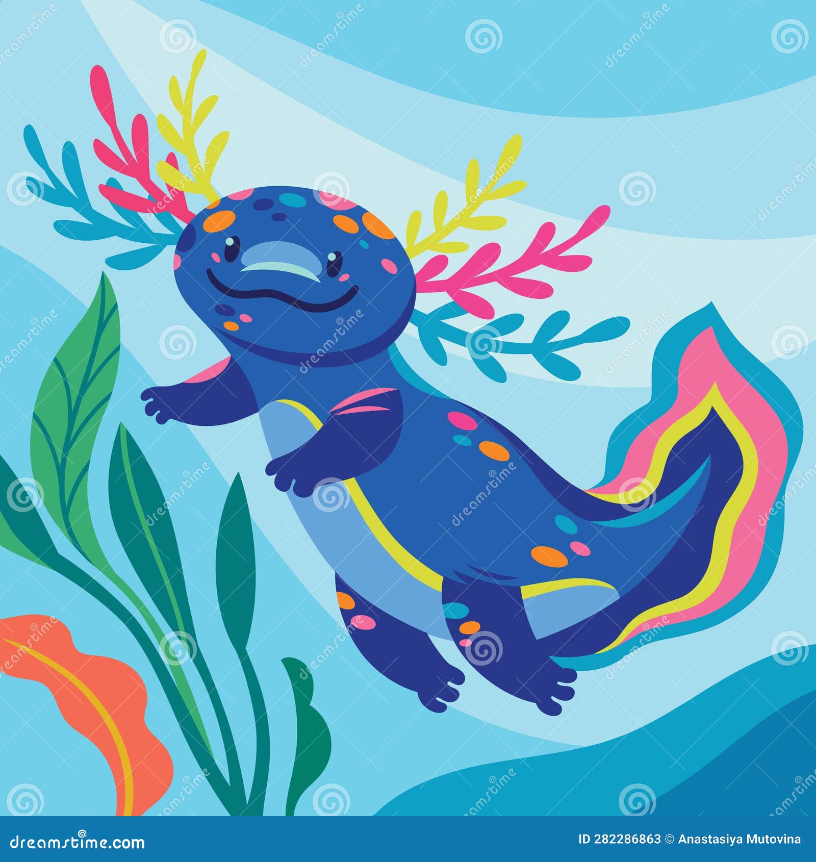 Cute Cartoon Axolotl, Blue Amphibian Creature is Swimming Underwater ...