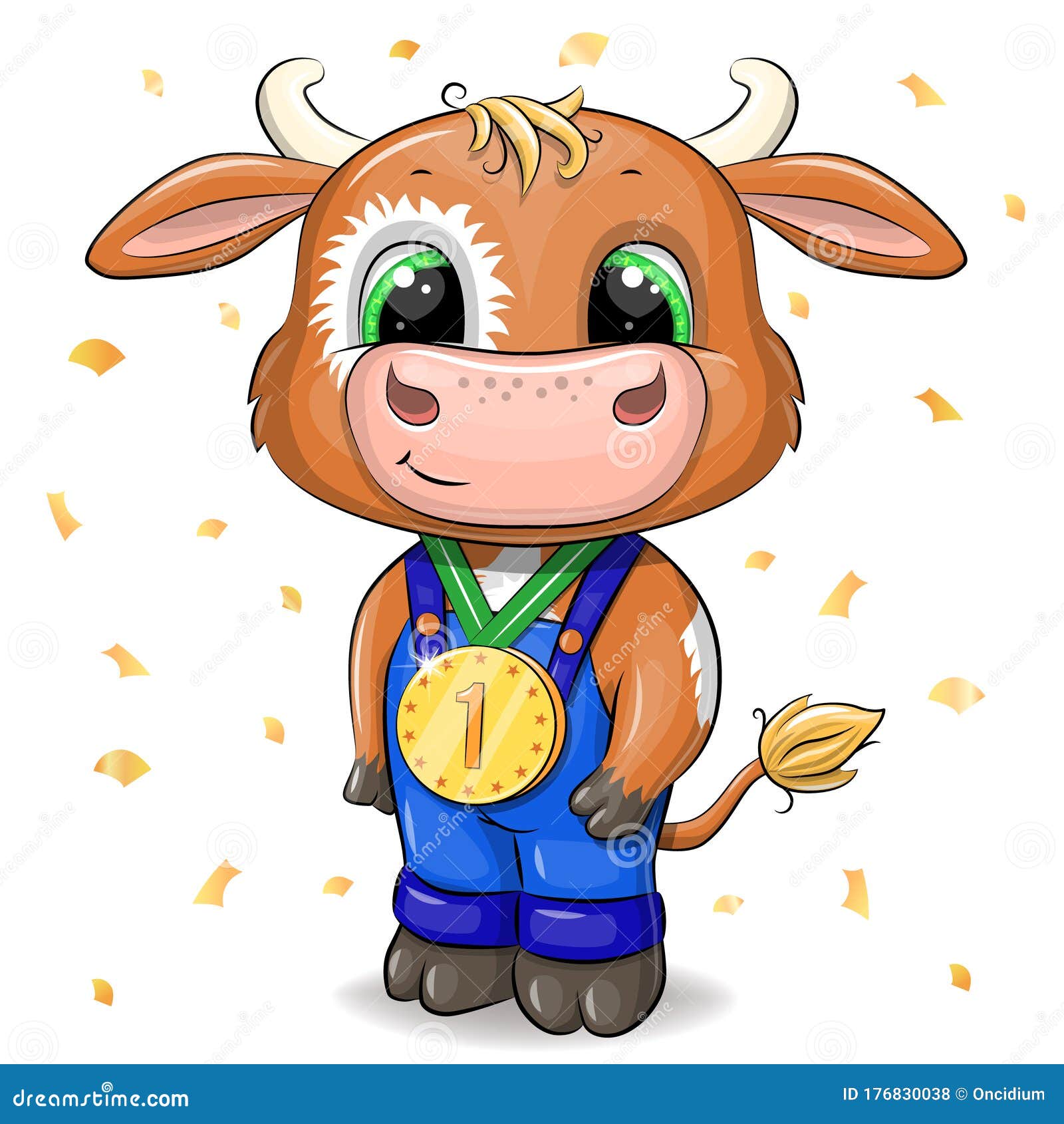 Cute Cartoon Baby Bull with a Golden Medal. Stock Vector - Illustration of  champion, drawing: 176830038