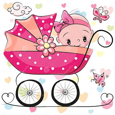 Cute Cartoon Baby Girl is Sitting on a Carriage Stock Vector ...