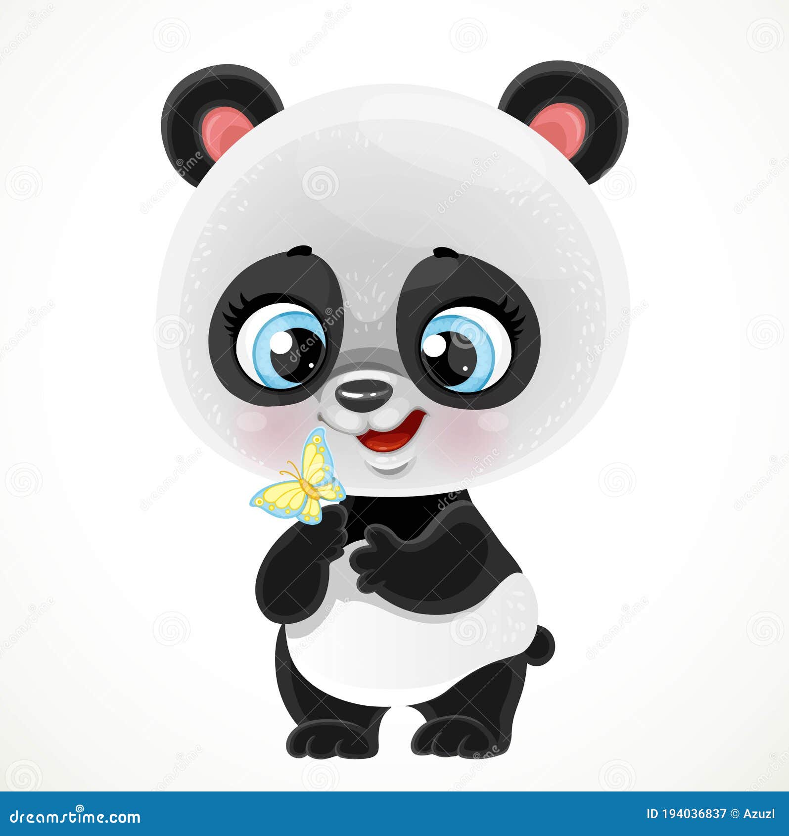 Cute Cartoon Baby Panda Bear Examines A Butterfly Stock Vector