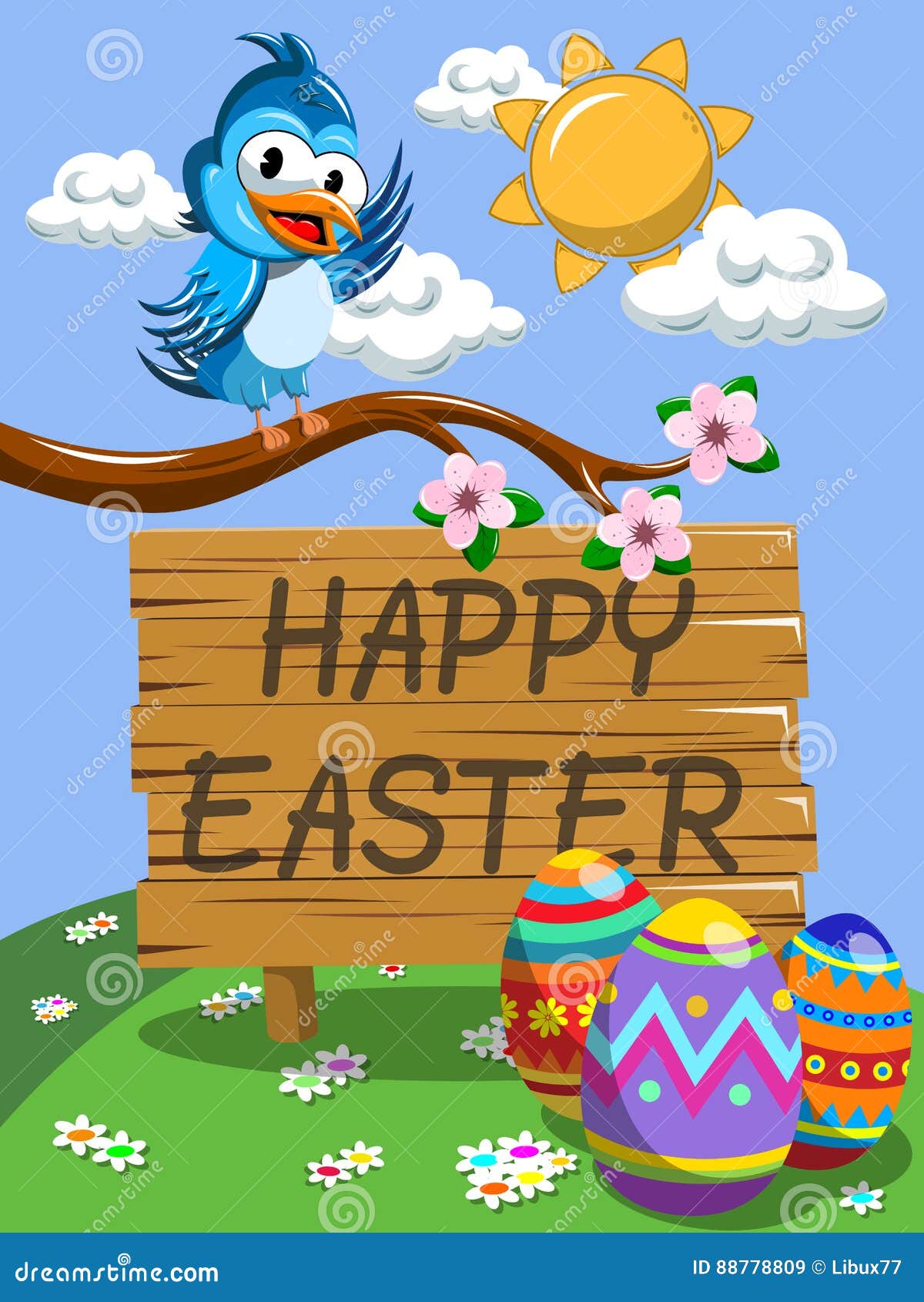 Cute Cartoon Bird on the Branch Wishing Happy Easter Meadow Stock Vector -  Illustration of outdoor, happy: 88778809