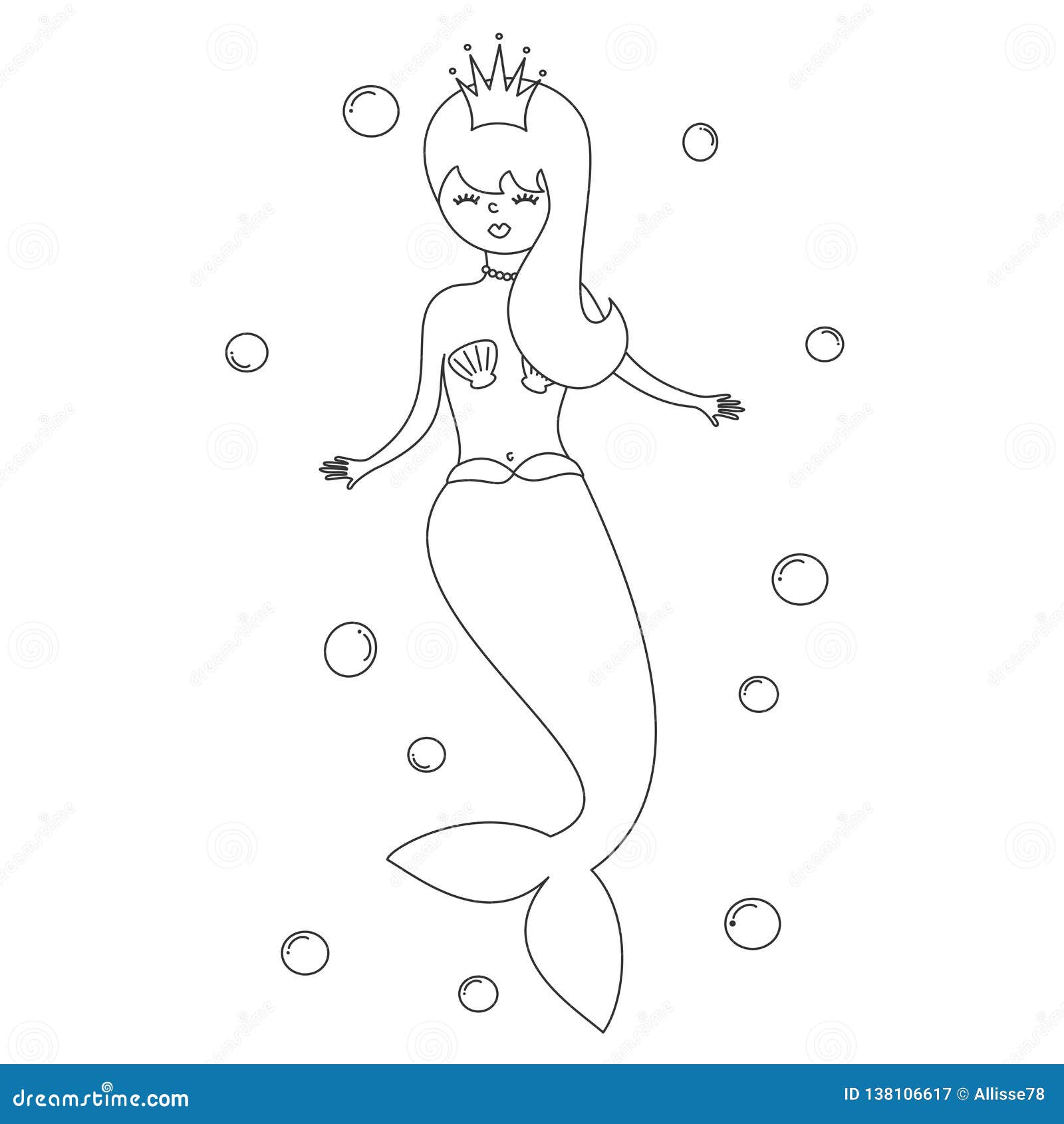 Cute Cartoon Black and White Mermaid Vector Illustration for Coloring