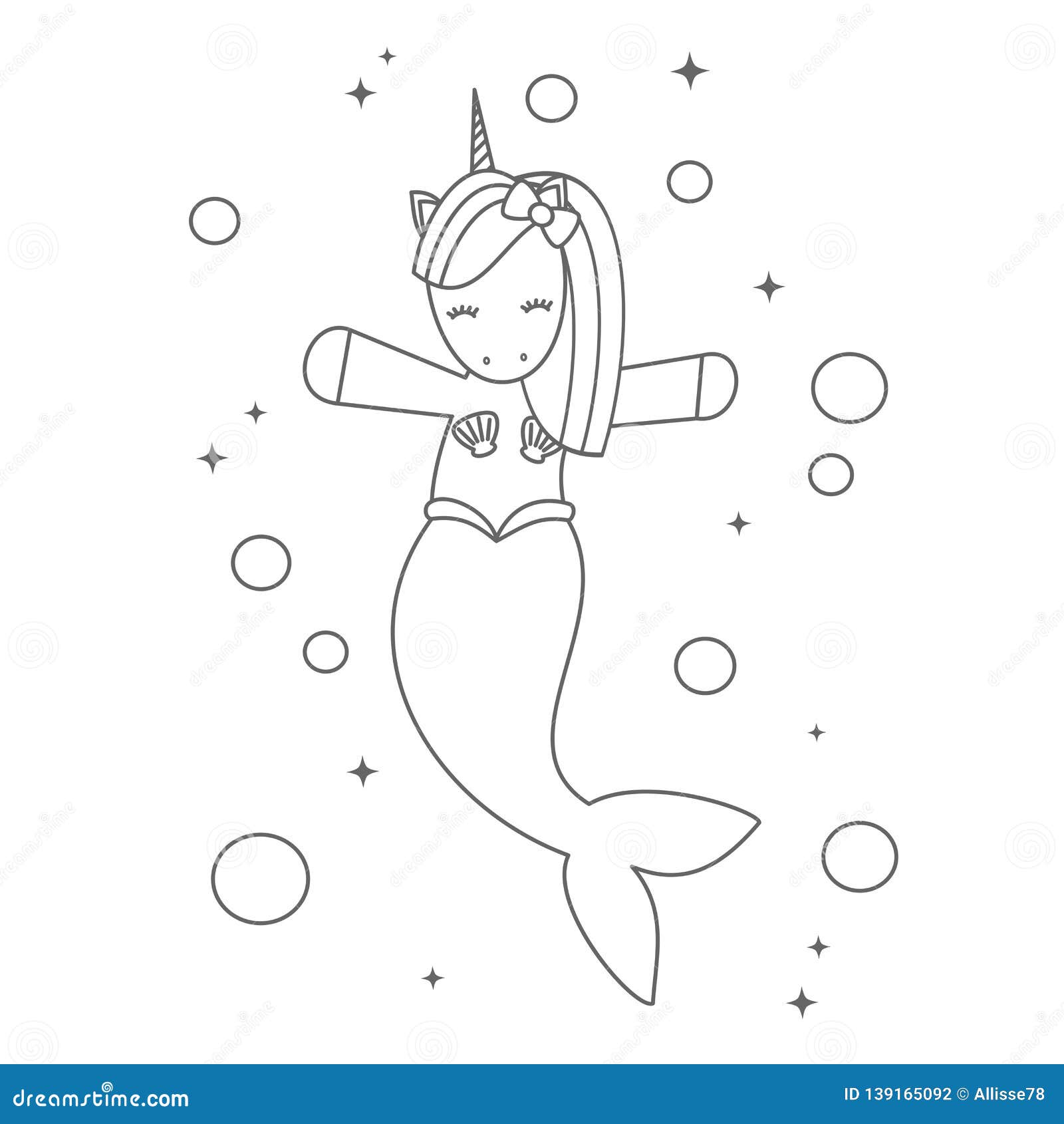 Cute Cartoon Black And White Unicorn Mermaid In The Sea
