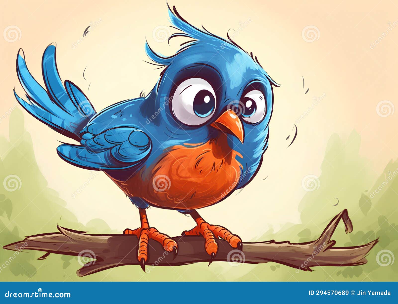 Cute Cartoon Blue Bird Sitting on a Branch. Vector Illustration Stock ...