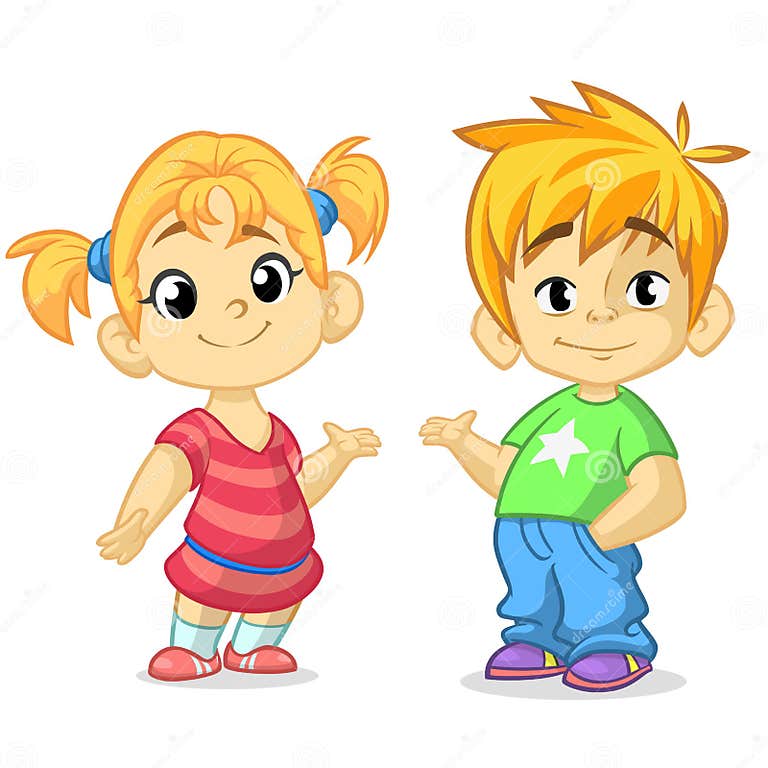 Cute Cartoon Boy and Girl with Hands Up Vector Illustration. Boy and ...