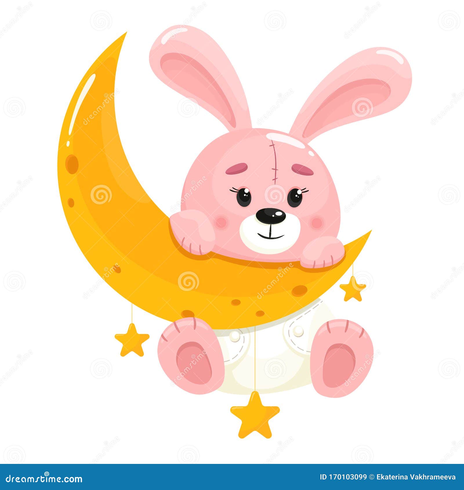 Cute Cartoon Bunny on the Moon. Vector Illustration in Cartoon Flat ...