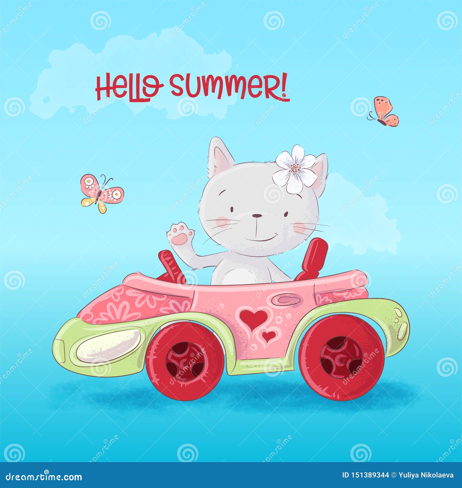 Cute Cartoon Cat in the Car. Vector Stock Vector Illustration of