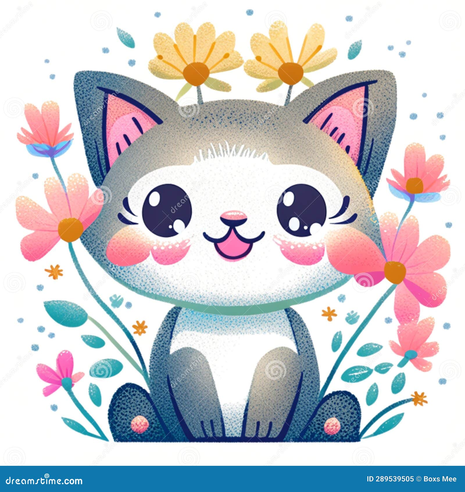 Cute Cartoon Cat with Flowers. Vector Illustration on White Background ...