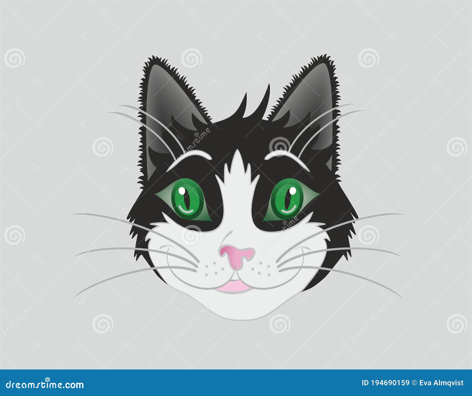 Cute Black and White Cartoon Cat, Vector Illustration