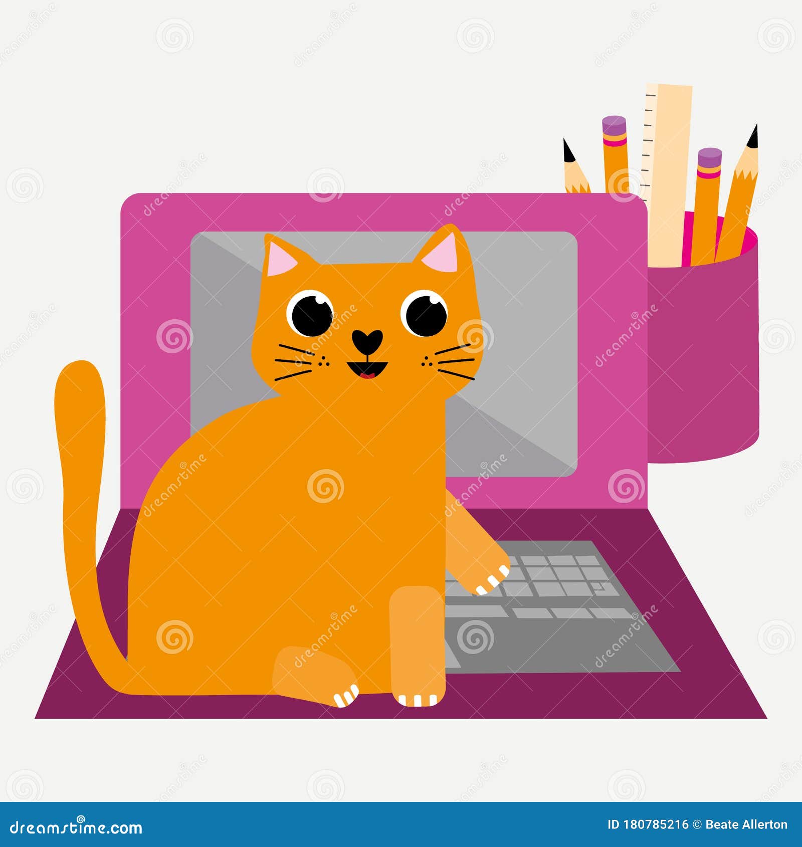 Cute Cartoon Cat and Laptop Vector Illustration. Cheeky Ginger Feline