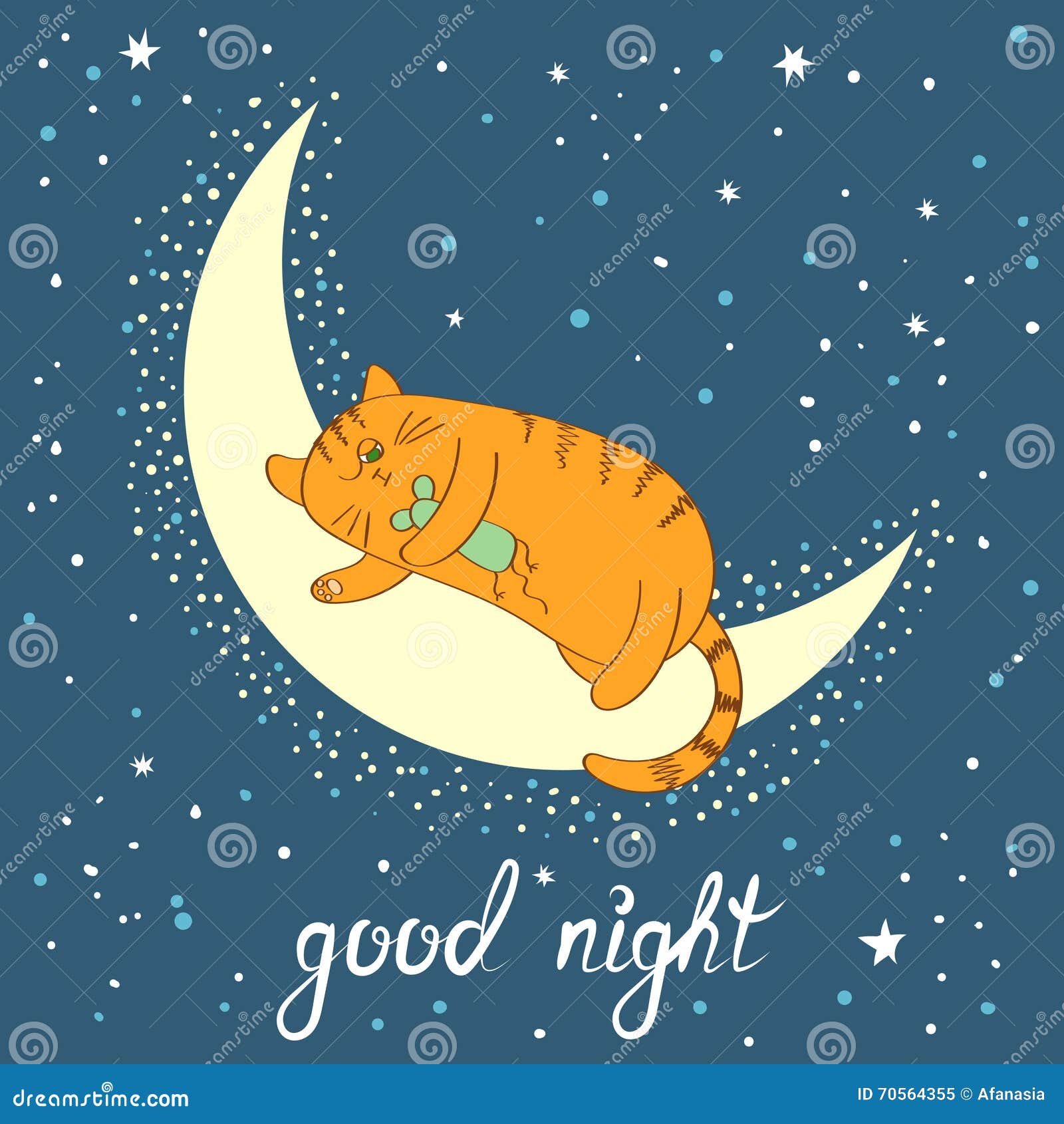 Cute Cartoon Cat Sleeping On The Moon. Good Night Lettering. Stock ...