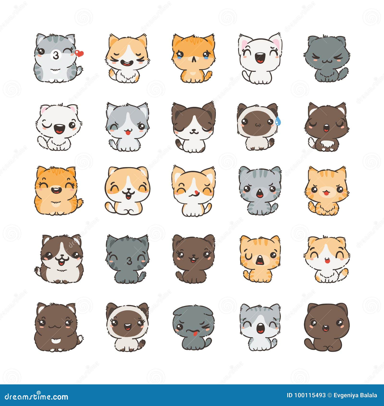 Cute funny cats set various emotions. Kawaii style emoticon icon