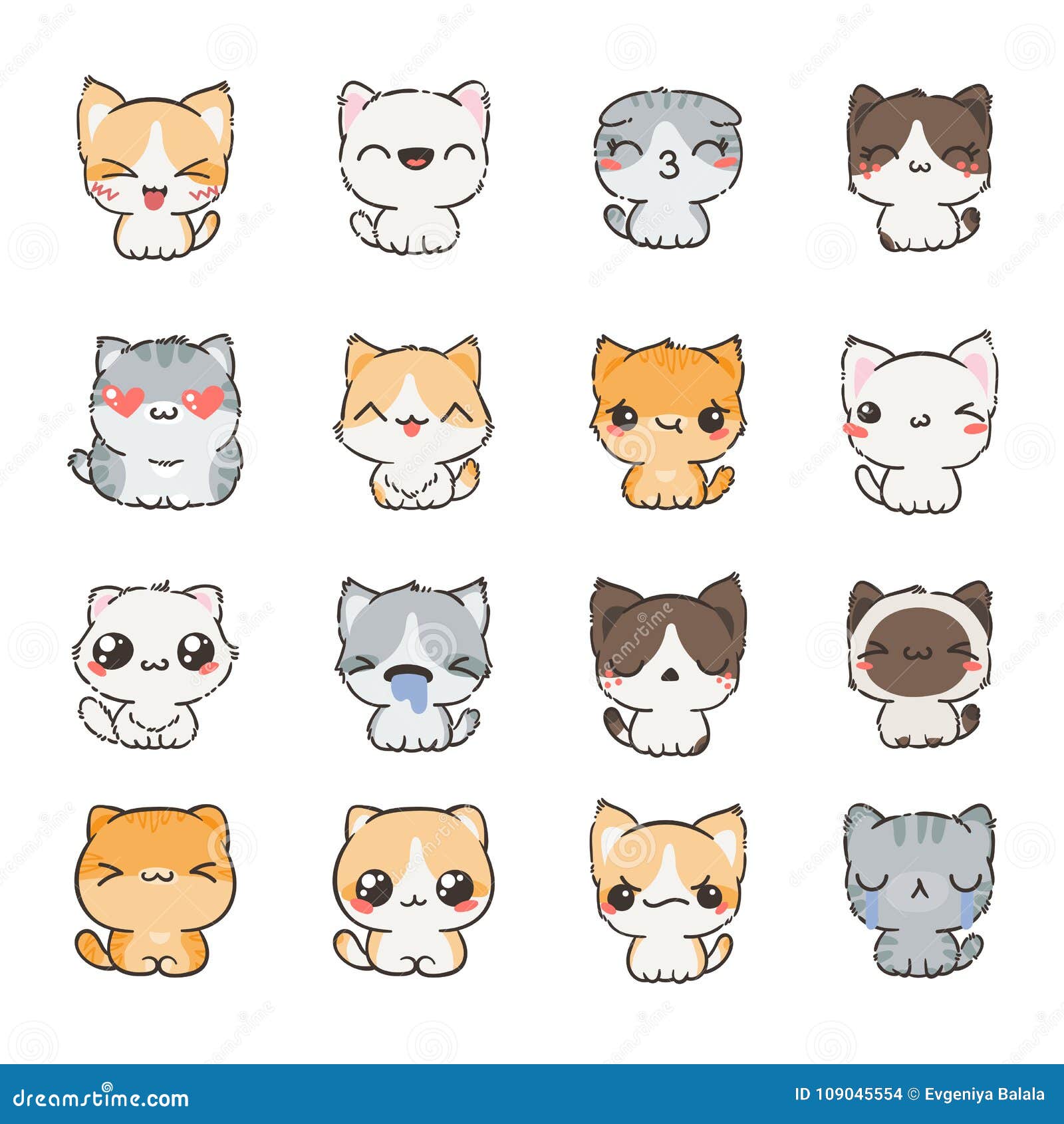 Kawaii Cute Cat Face with Ears. Positive Emotions. Cartoon Vector