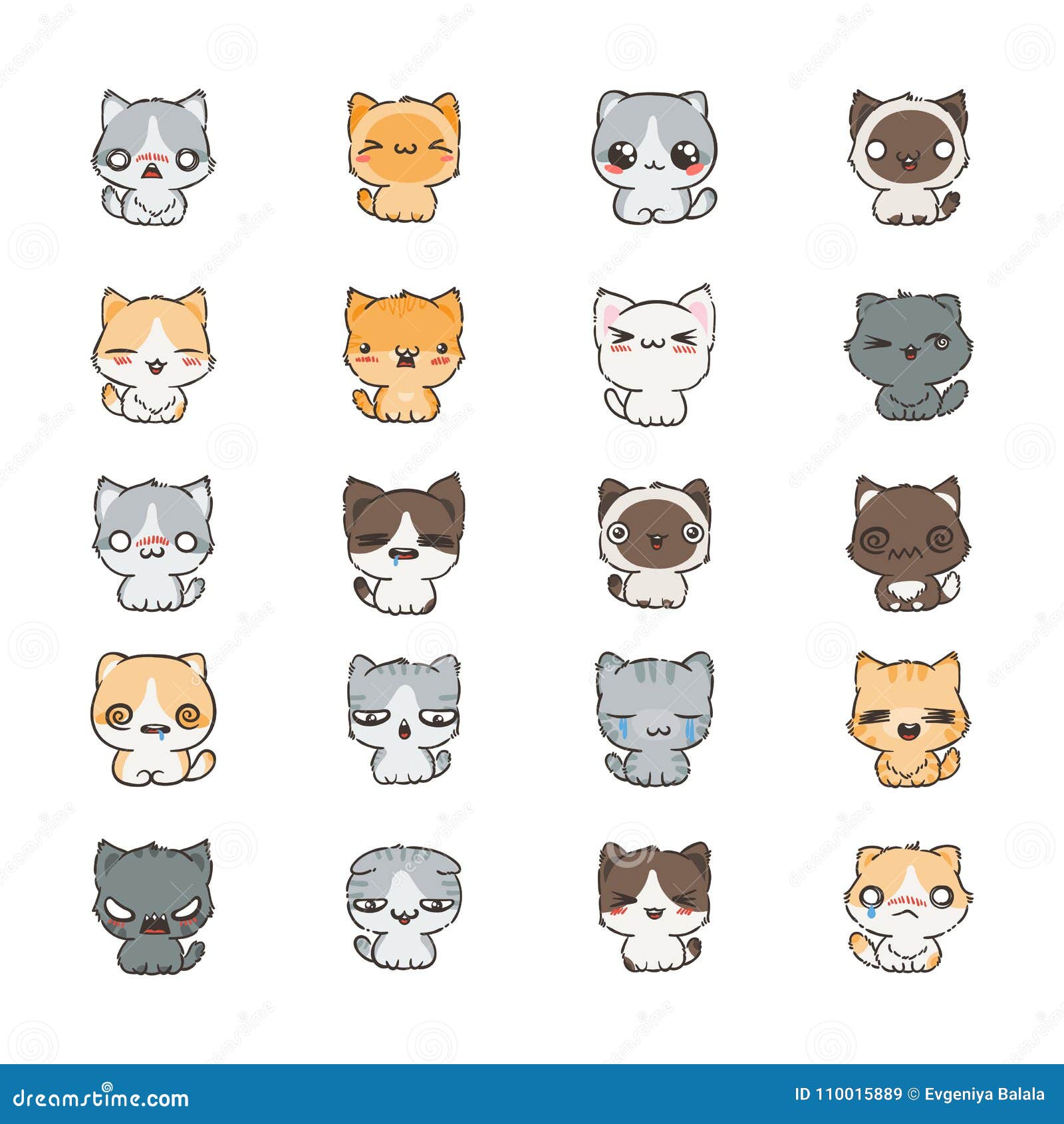 Cute funny cats set various emotions. Kawaii style emoticon icon