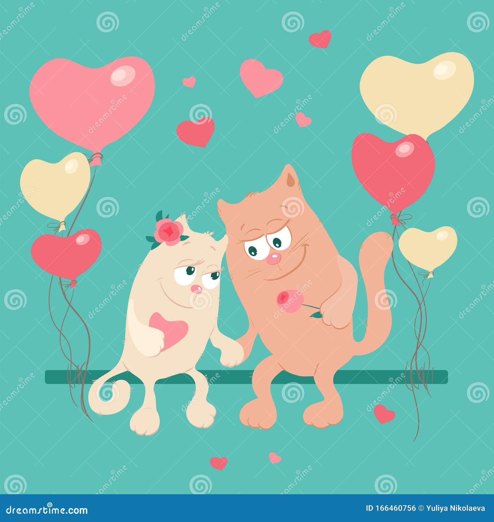 Cute Cartoon Cats in Love on a Swing with Balloons. Vector Illustration ...
