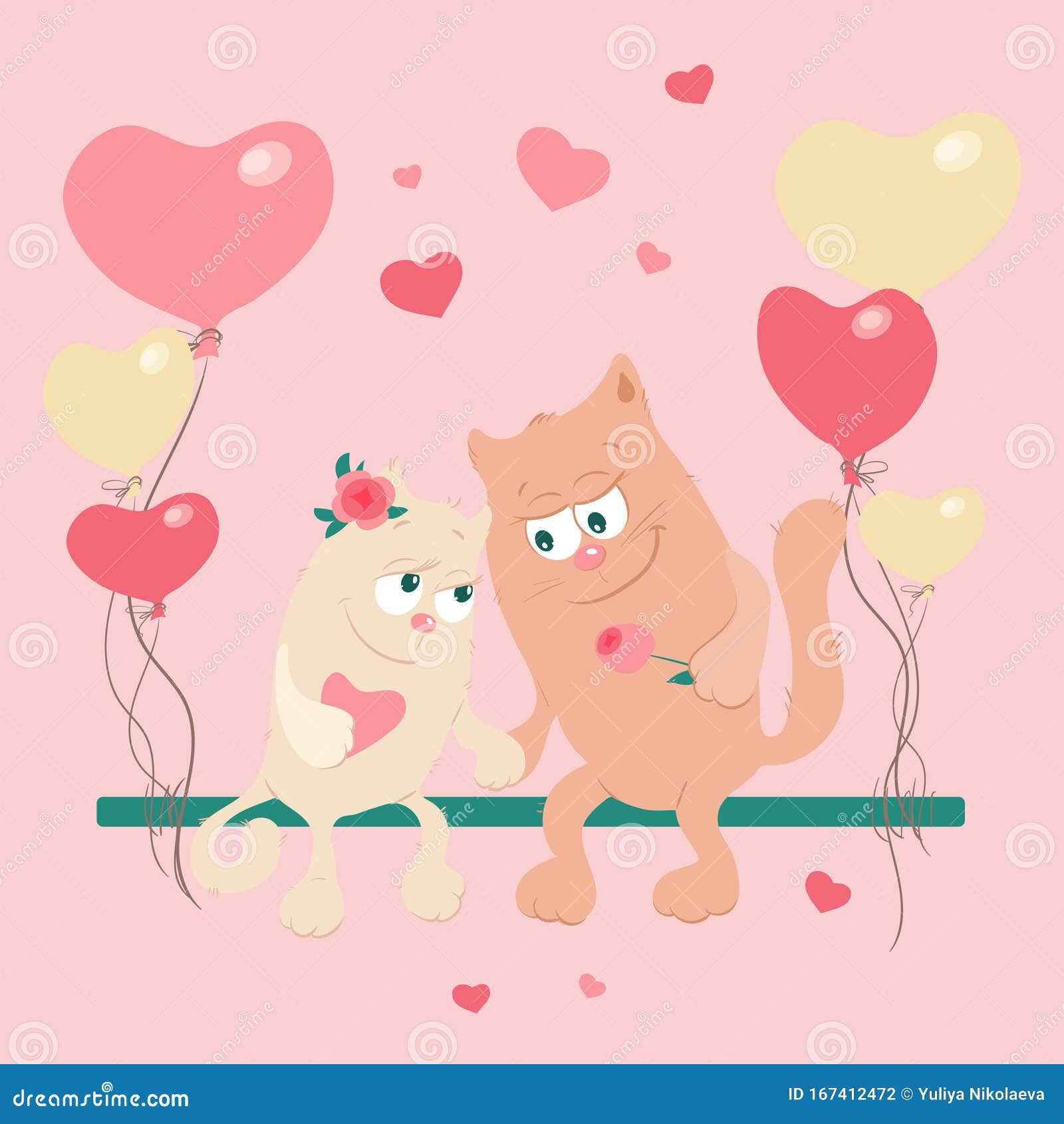 Cute Cartoon Cats in Love on a Swing with Balloons. Vector Illustration ...